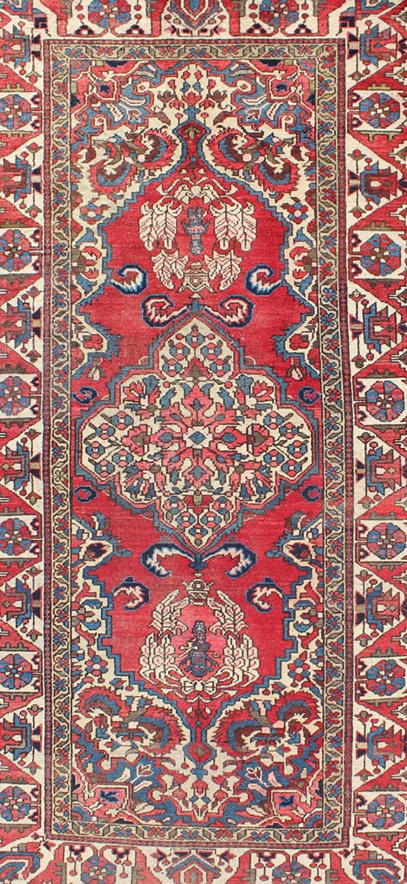 Hand-Knotted Vintage Persian Bakhtiari Rug with Ornate Central Medallion and Rich Red Blue For Sale
