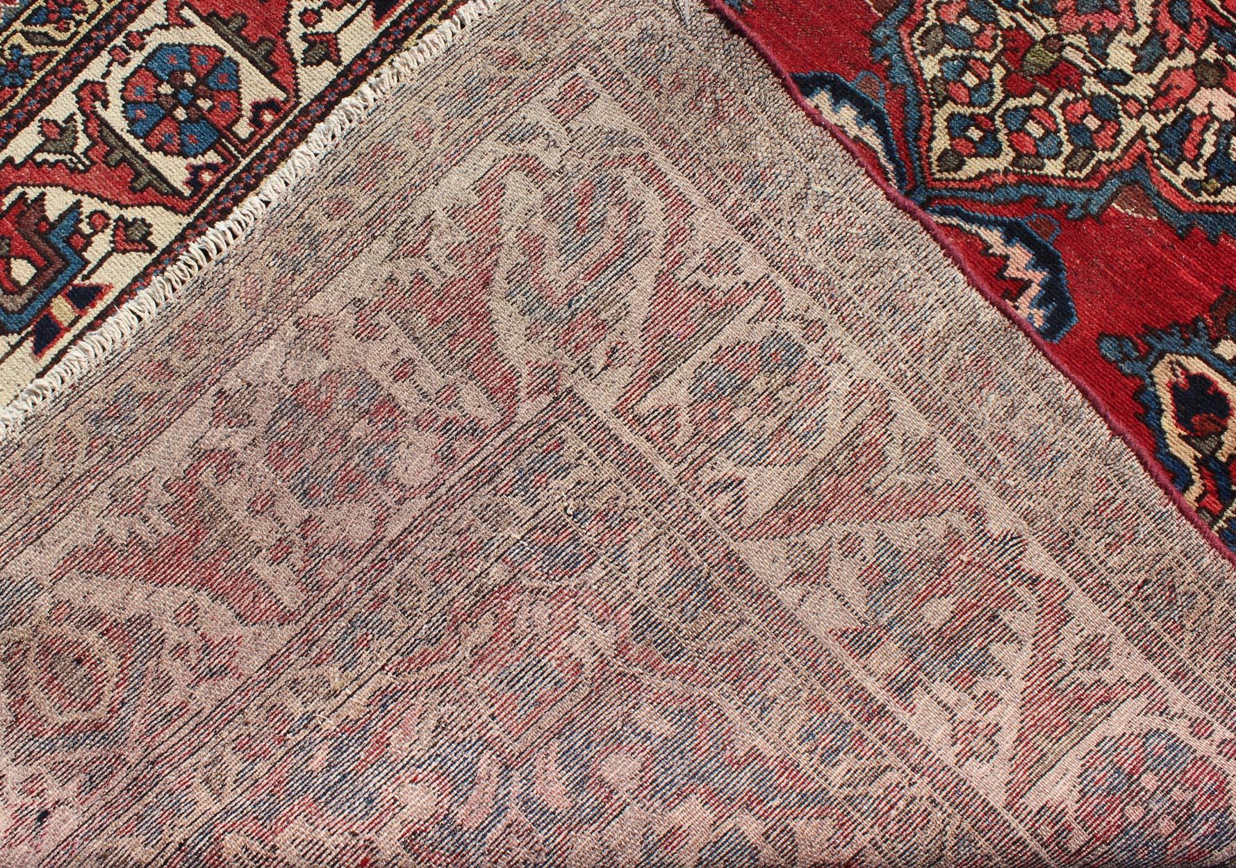 Wool Vintage Persian Bakhtiari Rug with Ornate Central Medallion and Rich Red Blue For Sale