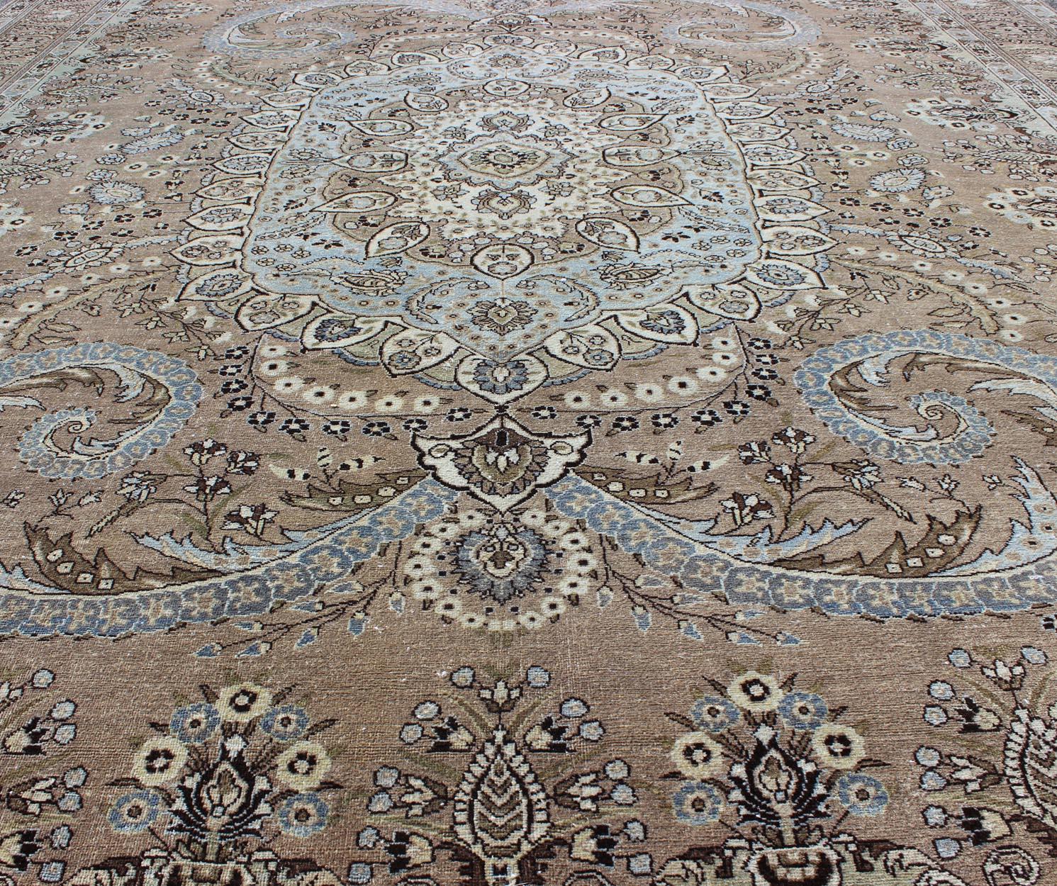 Wool Vintage Persian Bakhtiari Rug with Stretched Medallion in Taupe, Gray and Brown For Sale