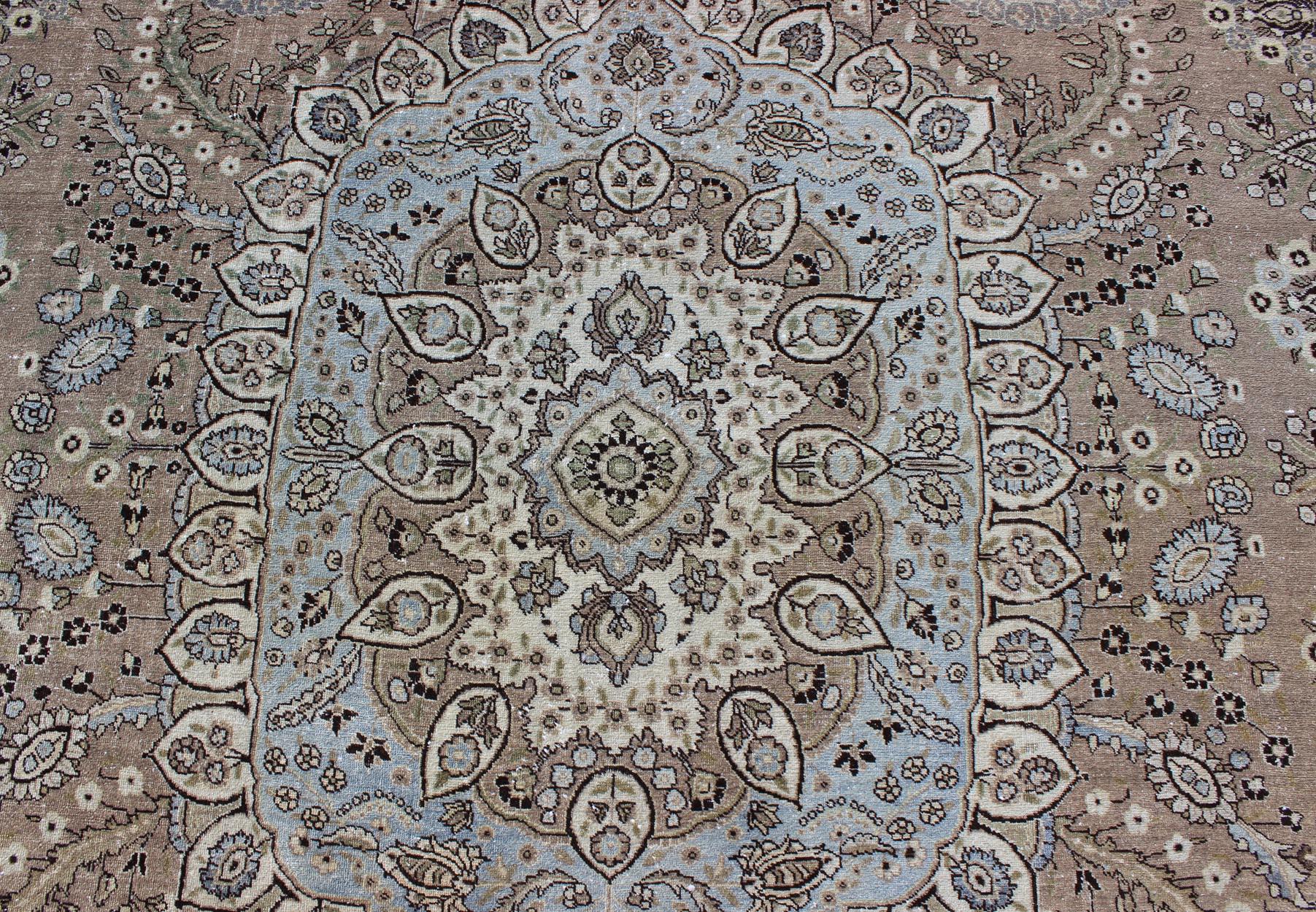 Vintage Persian Bakhtiari Rug with Stretched Medallion in Taupe, Gray and Brown For Sale 1