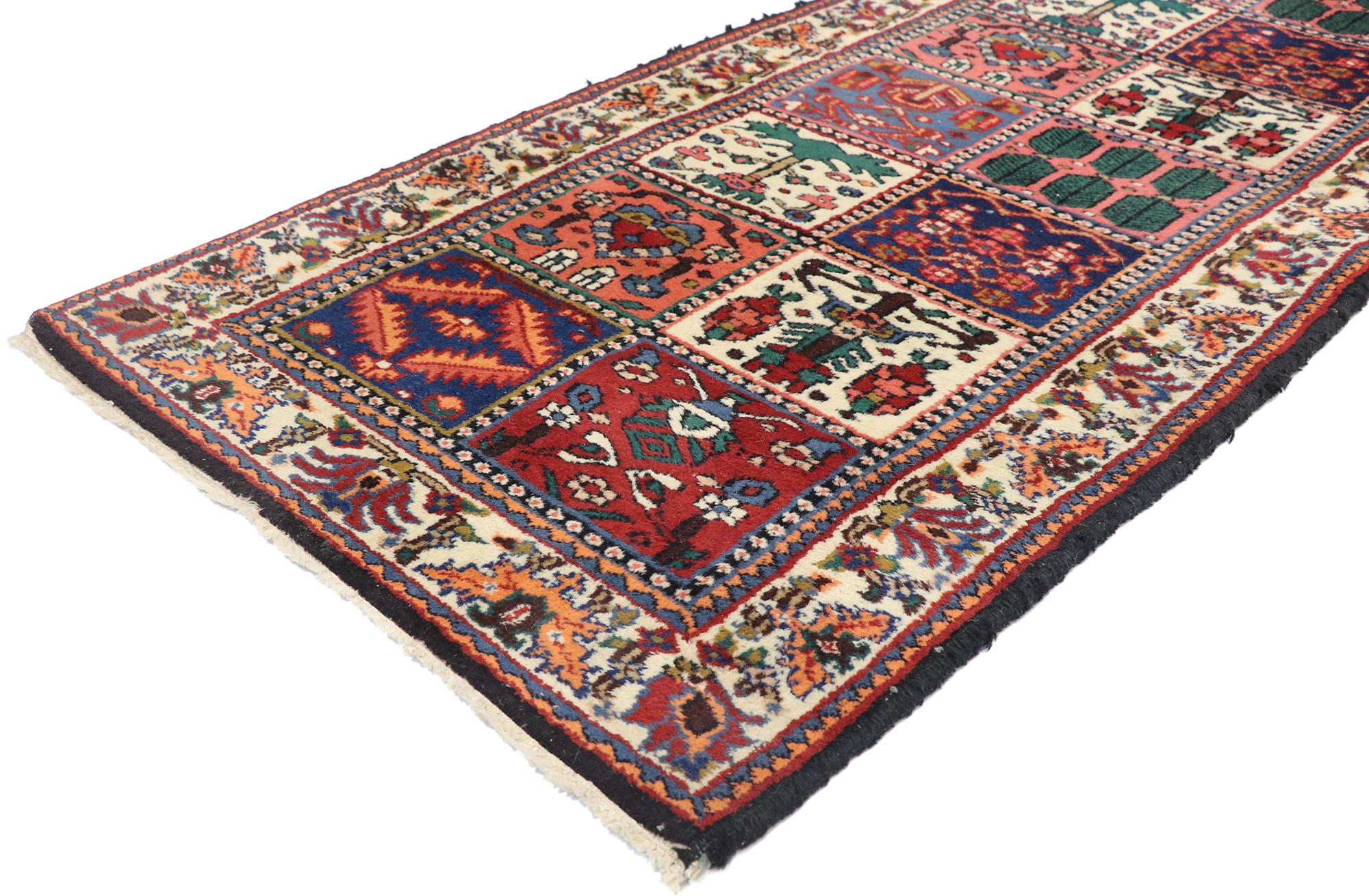 77595 vintage Persian Bakhtiari runner with Four Seasons Design and Traditional style. Cleverly composed with traditional style, this hand-knotted wool vintage Persian Bakhtiari runner takes on a curated lived-in look that feels timeless while