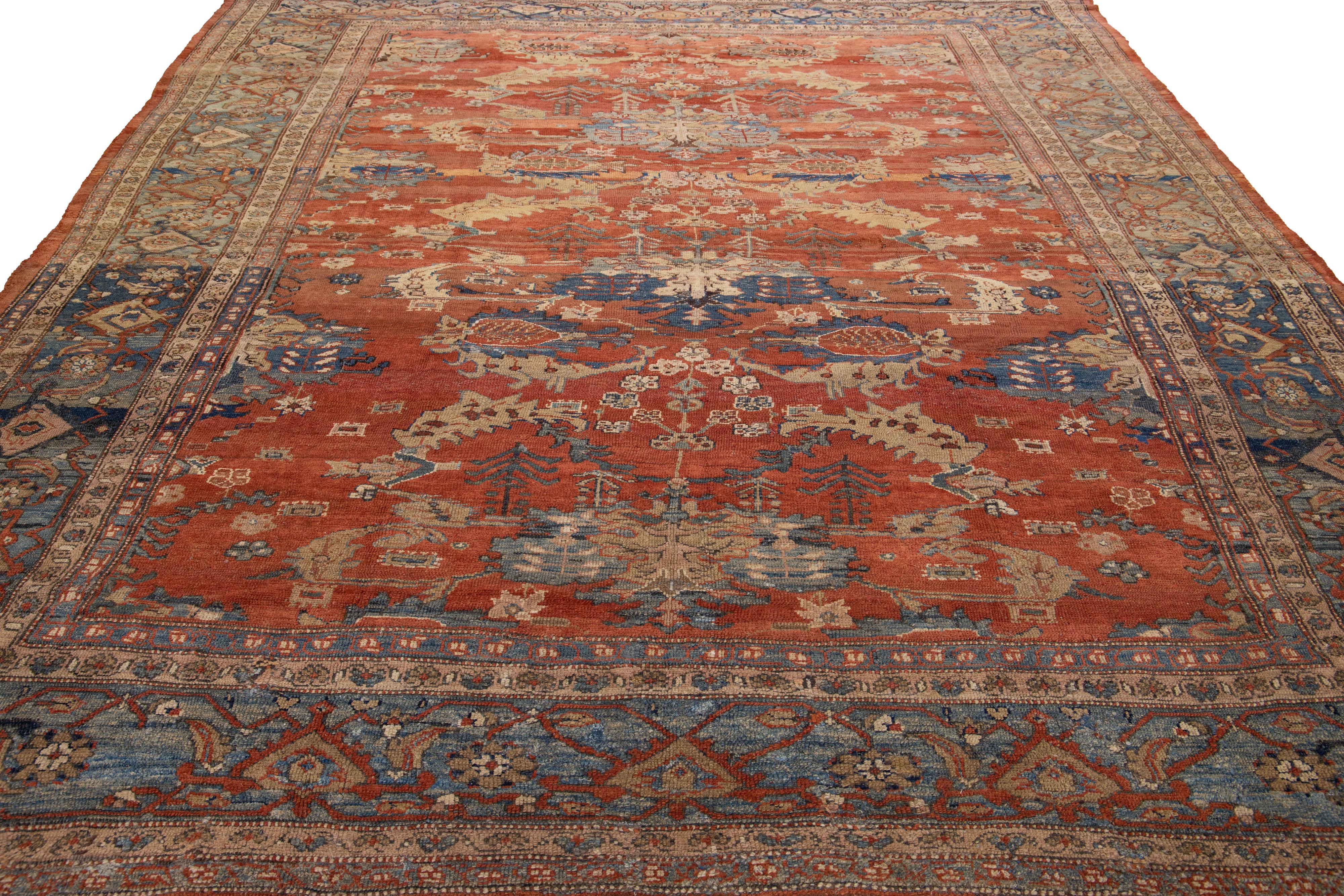 Hand-Knotted Vintage Persian Bakshaish Handmade Allover Designed Rust Wool Rug For Sale