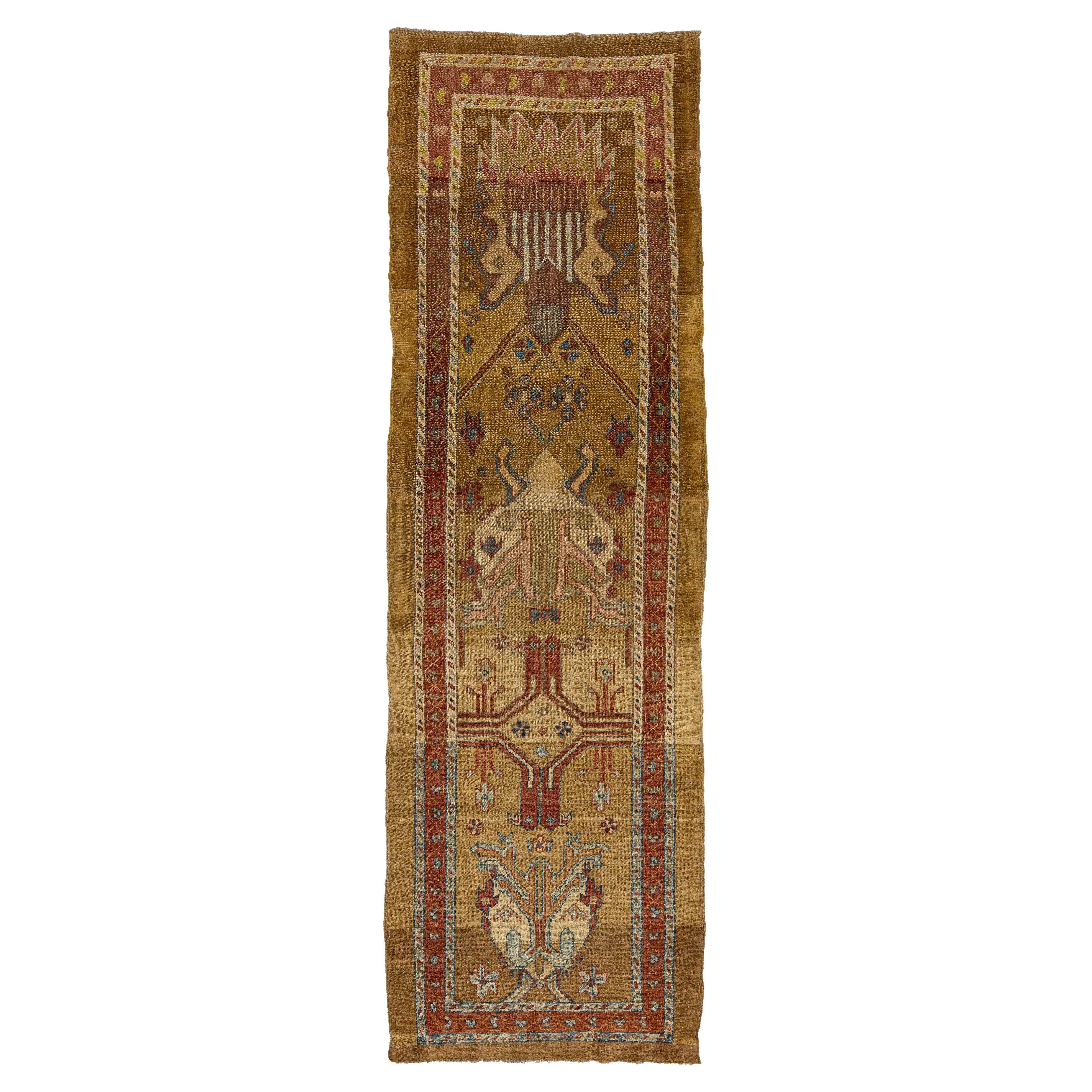 Vintage Persian Bakshaish Handmade Brown Wool Runner with Tribal Design