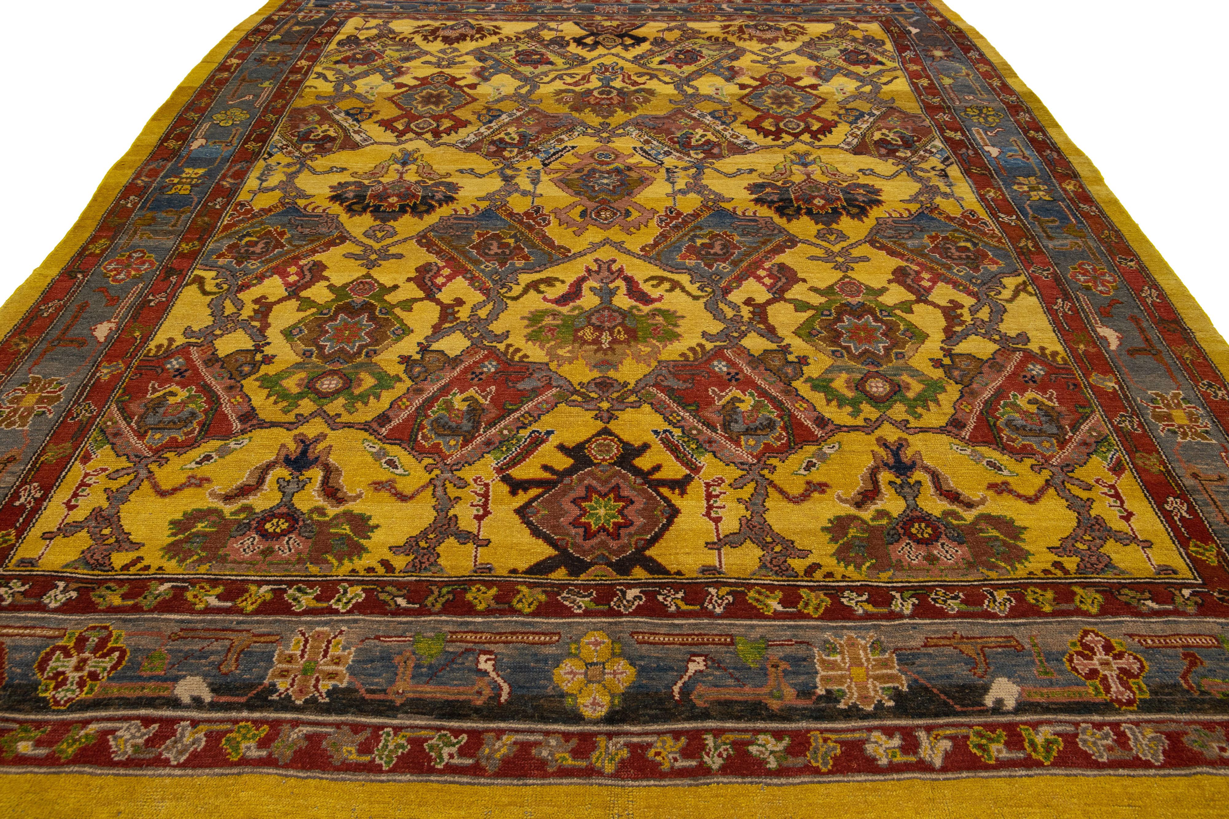 Hand-Knotted Vintage Persian Bakshaish Handmade Yellow Wool Rug with Tribal Pattern For Sale