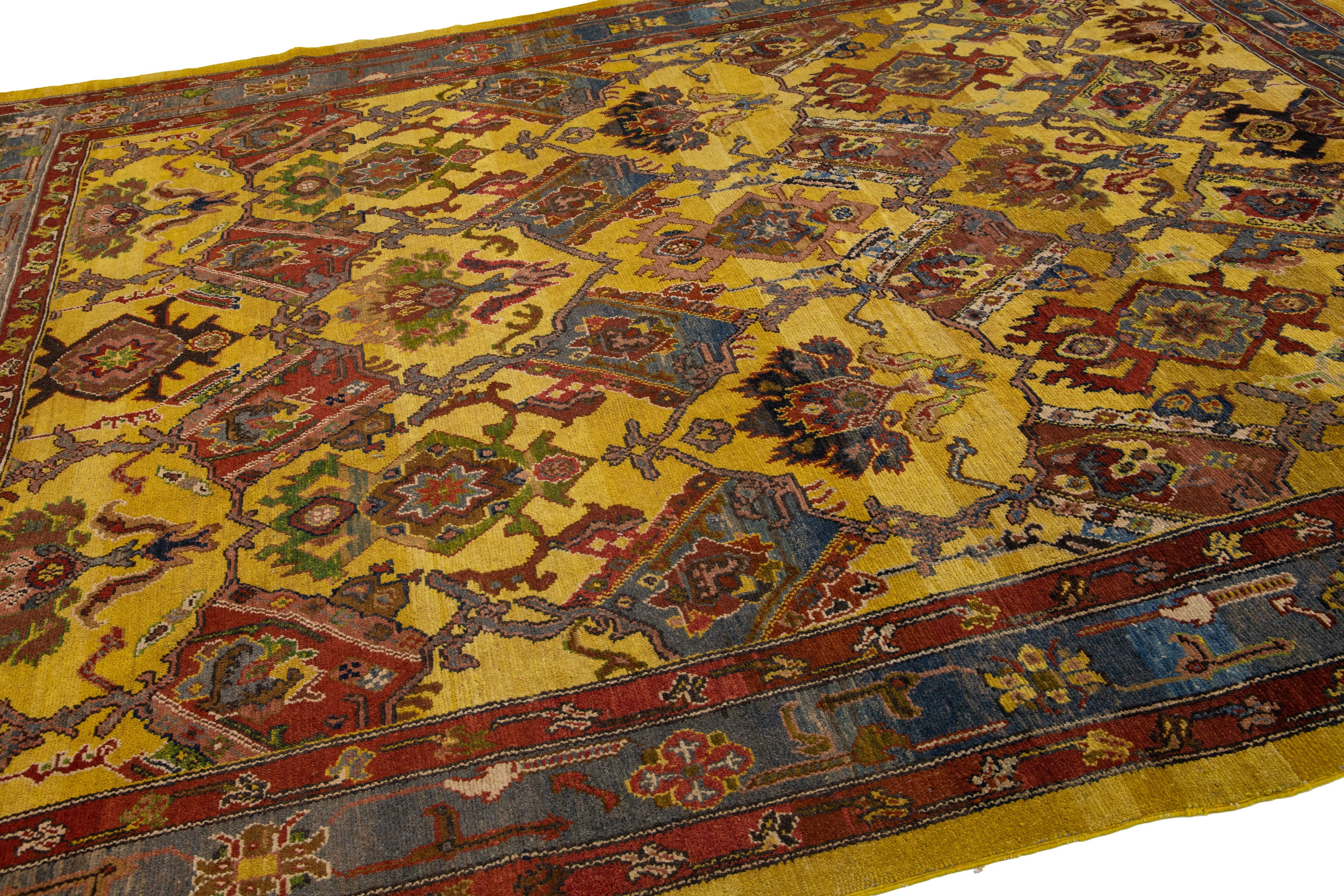 Vintage Persian Bakshaish Handmade Yellow Wool Rug with Tribal Pattern For Sale 1