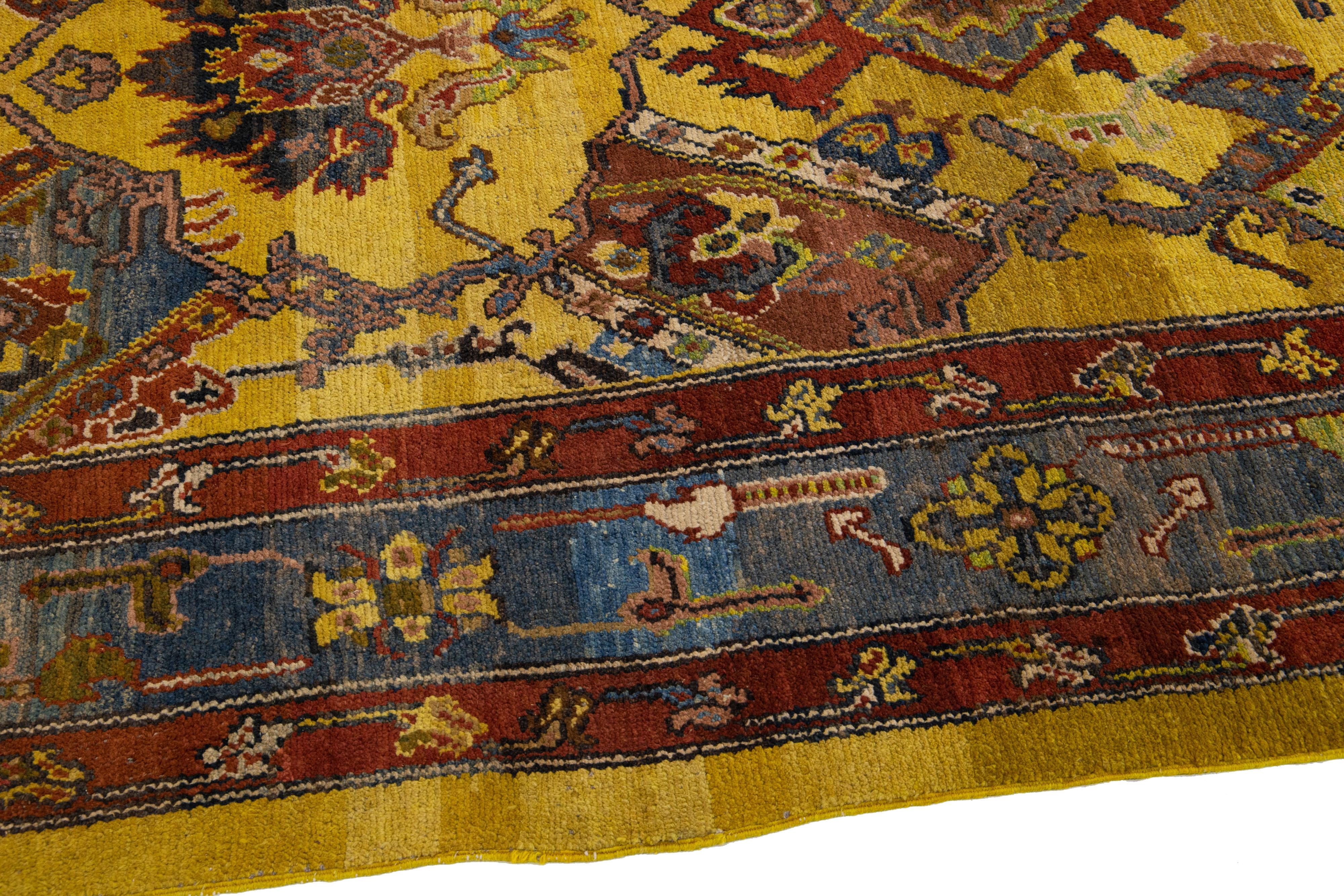 Vintage Persian Bakshaish Handmade Yellow Wool Rug with Tribal Pattern For Sale 3