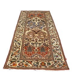 Vintage Persian Baktiari Wool 5x10 Ivory, Taupe & Red Handmade Gallery Rug