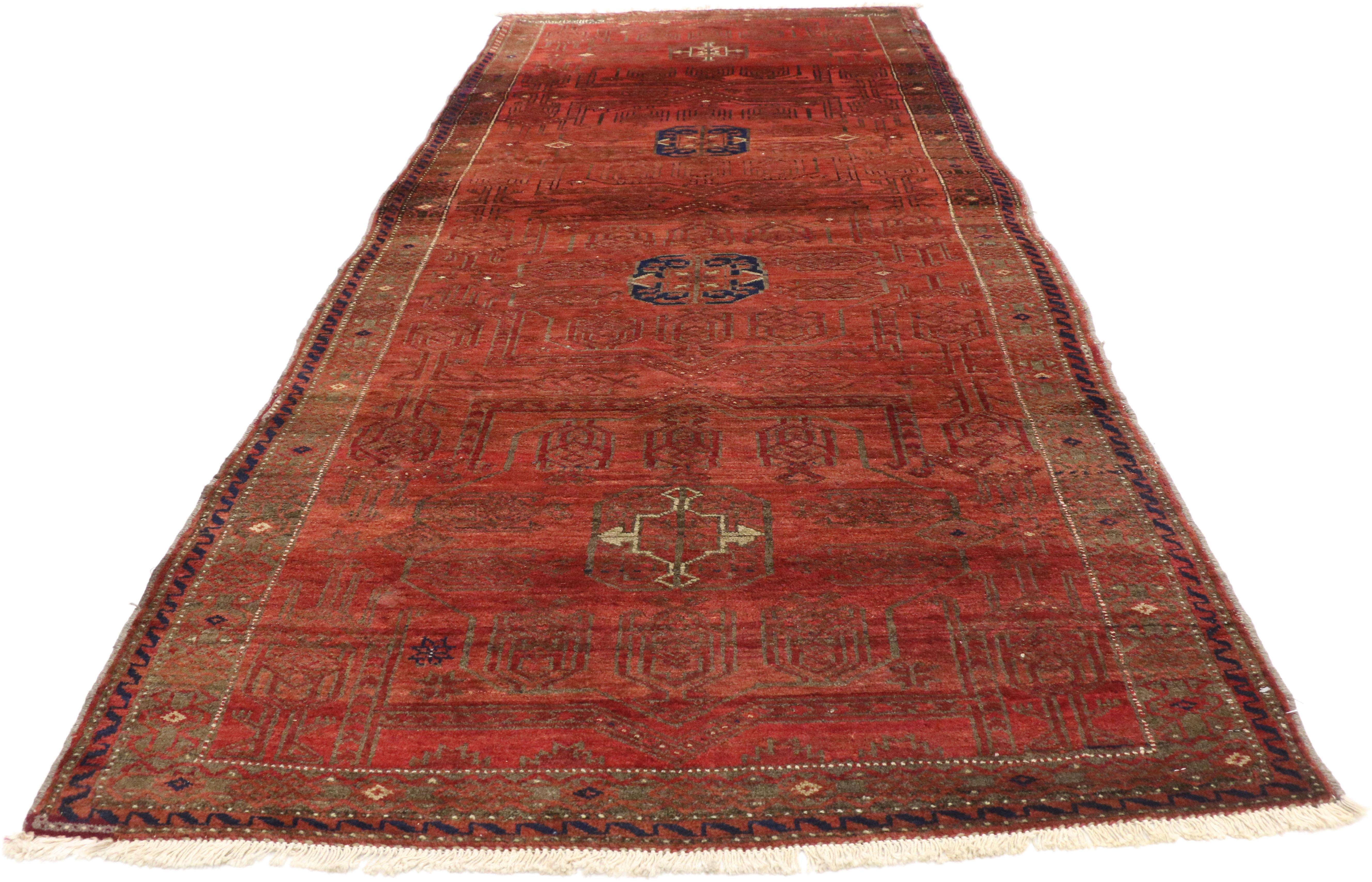Hand-Knotted Vintage Persian Baluch Hallway Runner with Mid-Century Modern Tribal Style For Sale