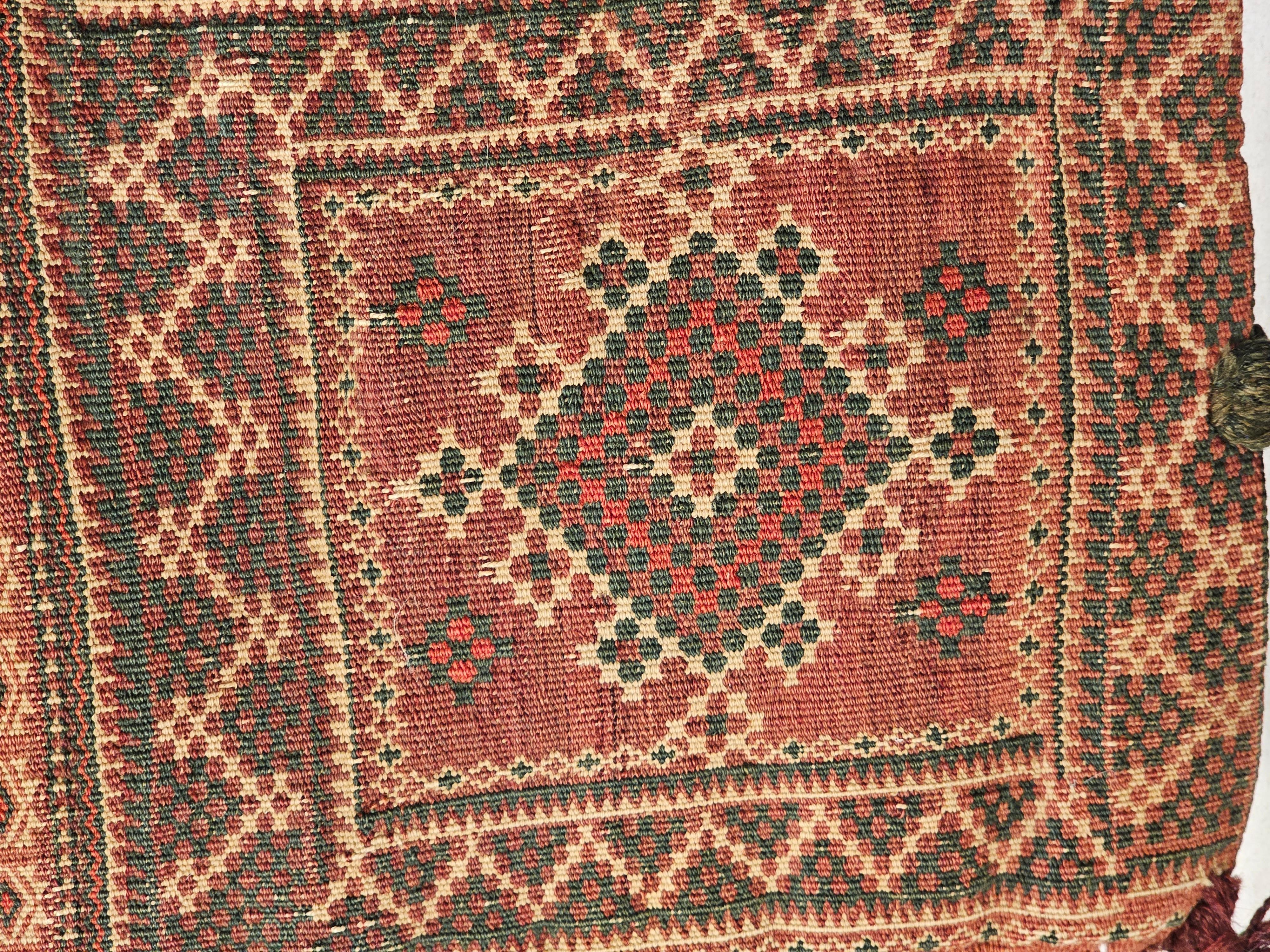 Vintage Persian Baluch Salt Bag in green, red, Ivory, Brown as Tribal Wall Art In Good Condition For Sale In Barrington, IL