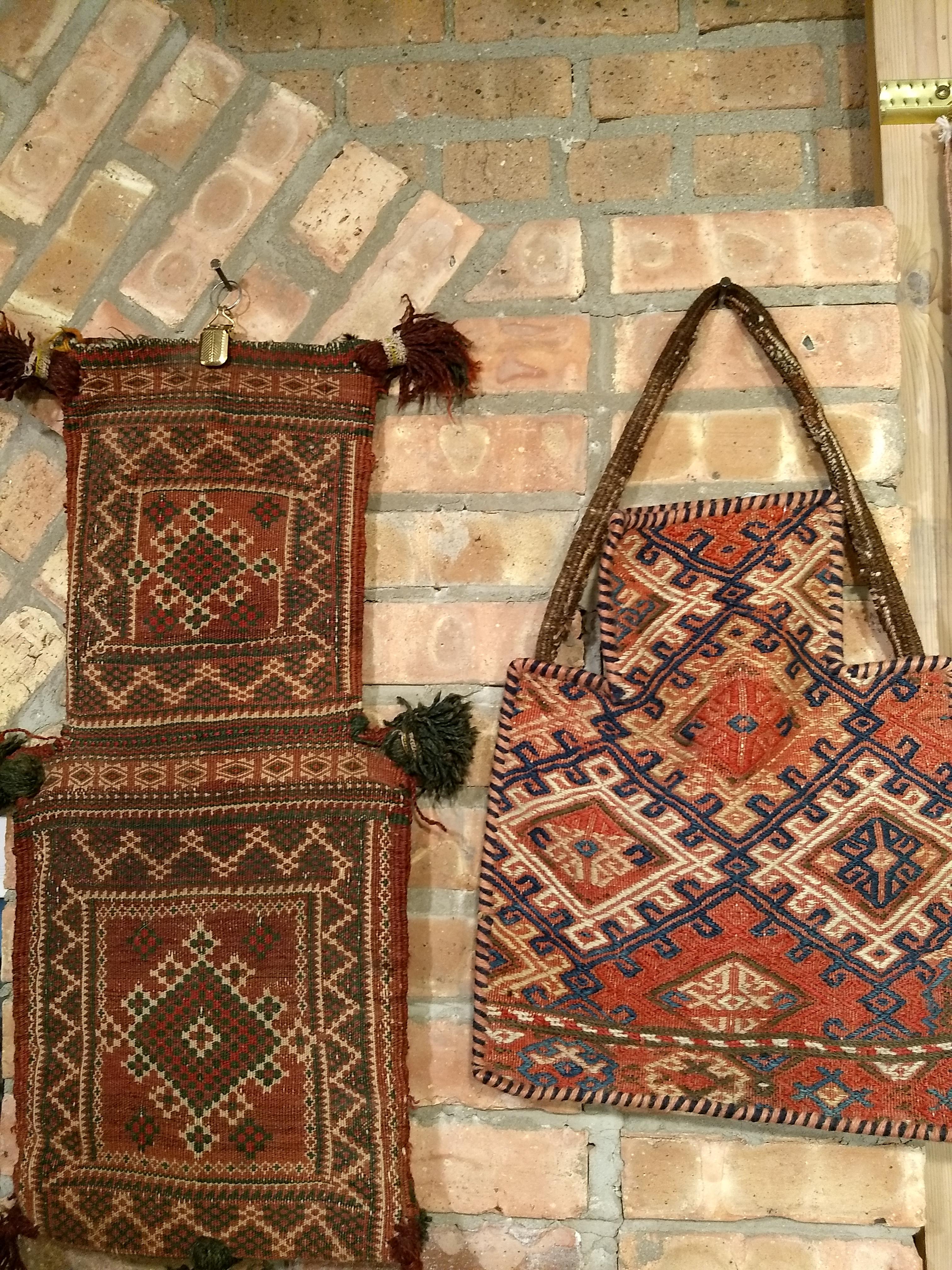 Wool Vintage Persian Baluch Salt Bag in green, red, Ivory, Brown as Tribal Wall Art For Sale