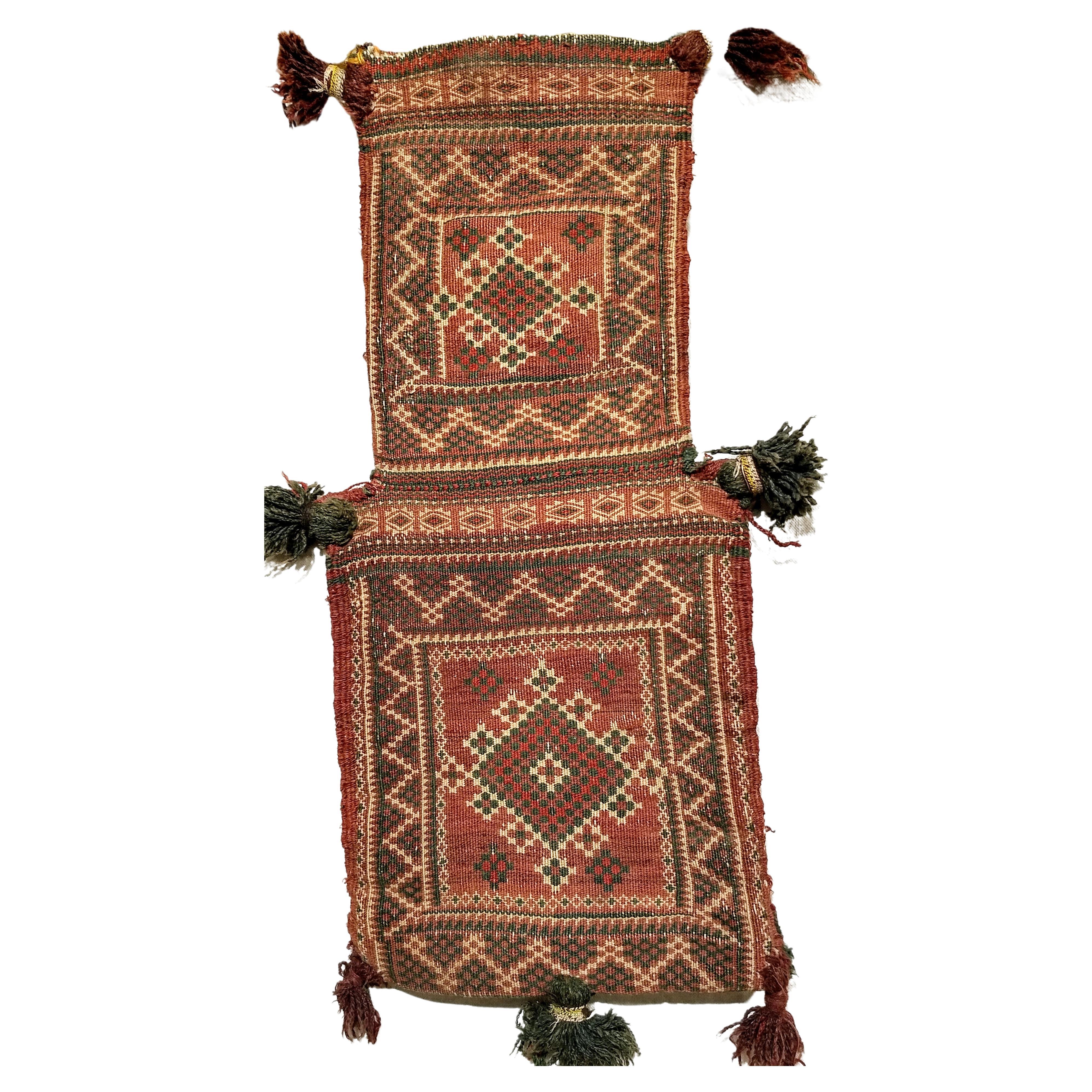 Vintage Persian Baluch Salt Bag in green, red, Ivory, Brown as Tribal Wall Art For Sale