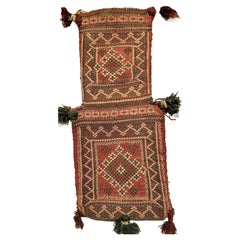 Vintage Persian Baluch Salt Bag in green, red, Ivory, Brown as Tribal Wall Art