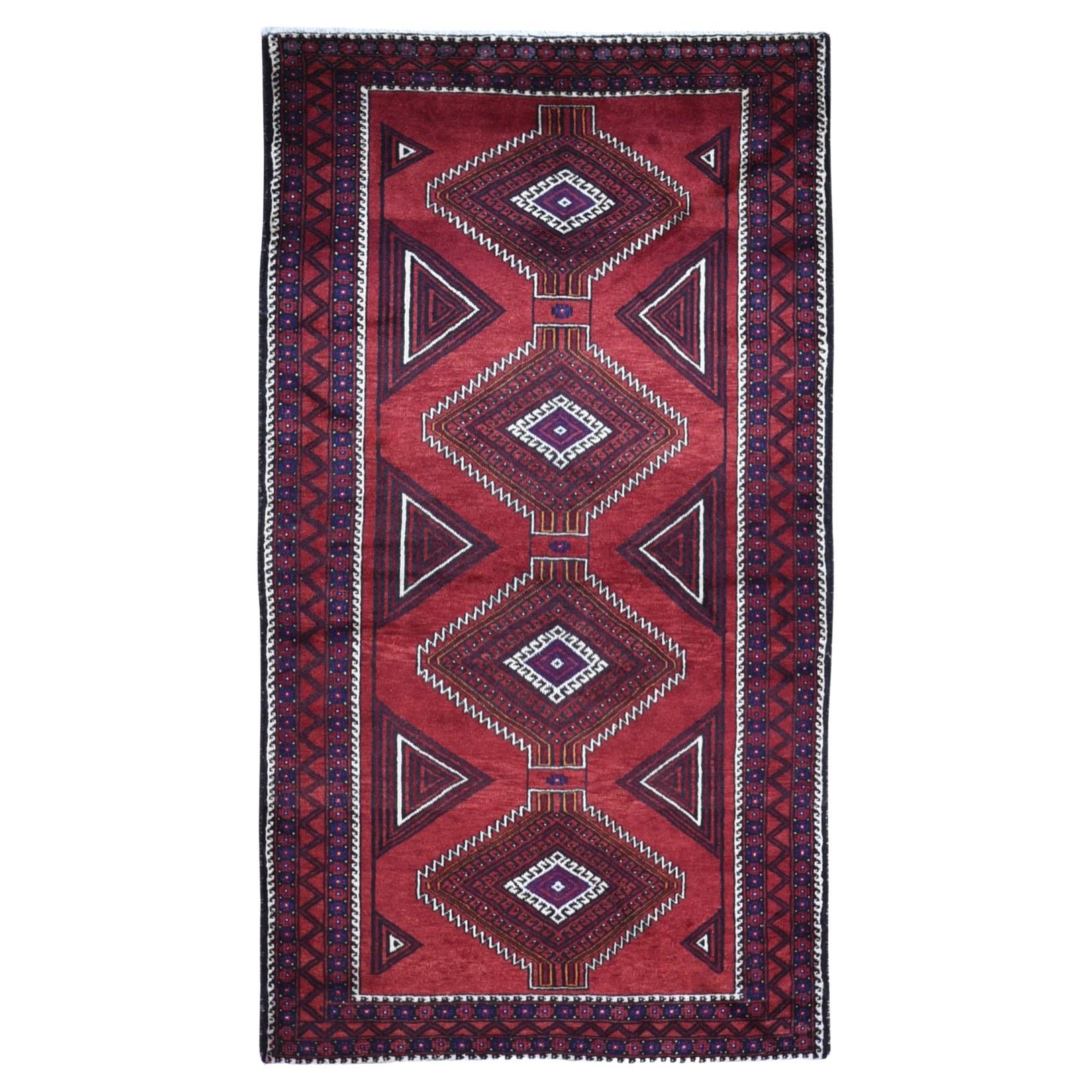 Vintage Persian Baluch Serrated Geometric Medallion Design Wool Hand Knotted Rug