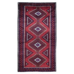 Vintage Persian Baluch Serrated Geometric Medallion Design Wool Hand Knotted Rug