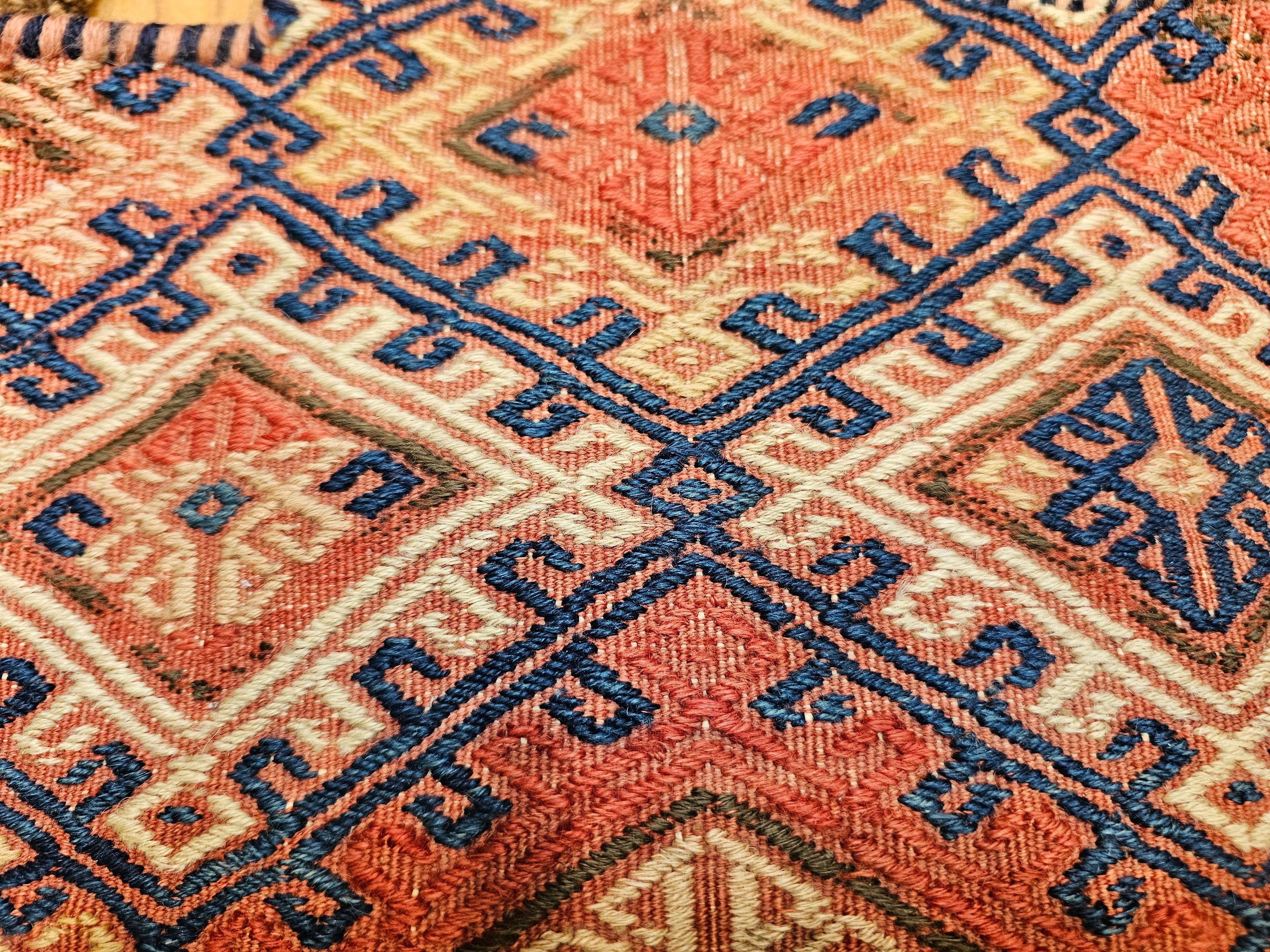 Vintage Persian Baluch Soumak Salt Bag in Red, Blue, Brown as Tribal Wall Art For Sale 4
