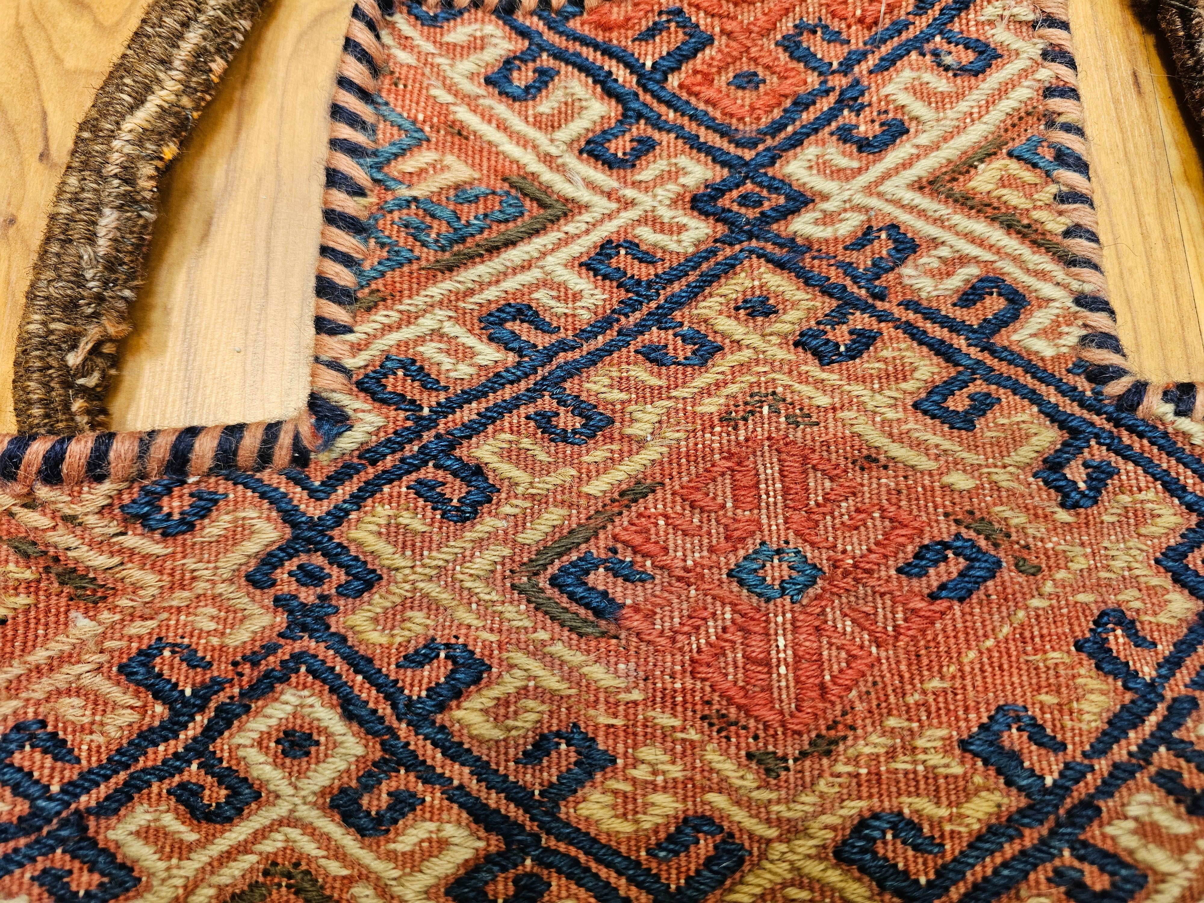 Vintage Persian Baluch Soumak Salt Bag in Red, Blue, Brown as Tribal Wall Art For Sale 5