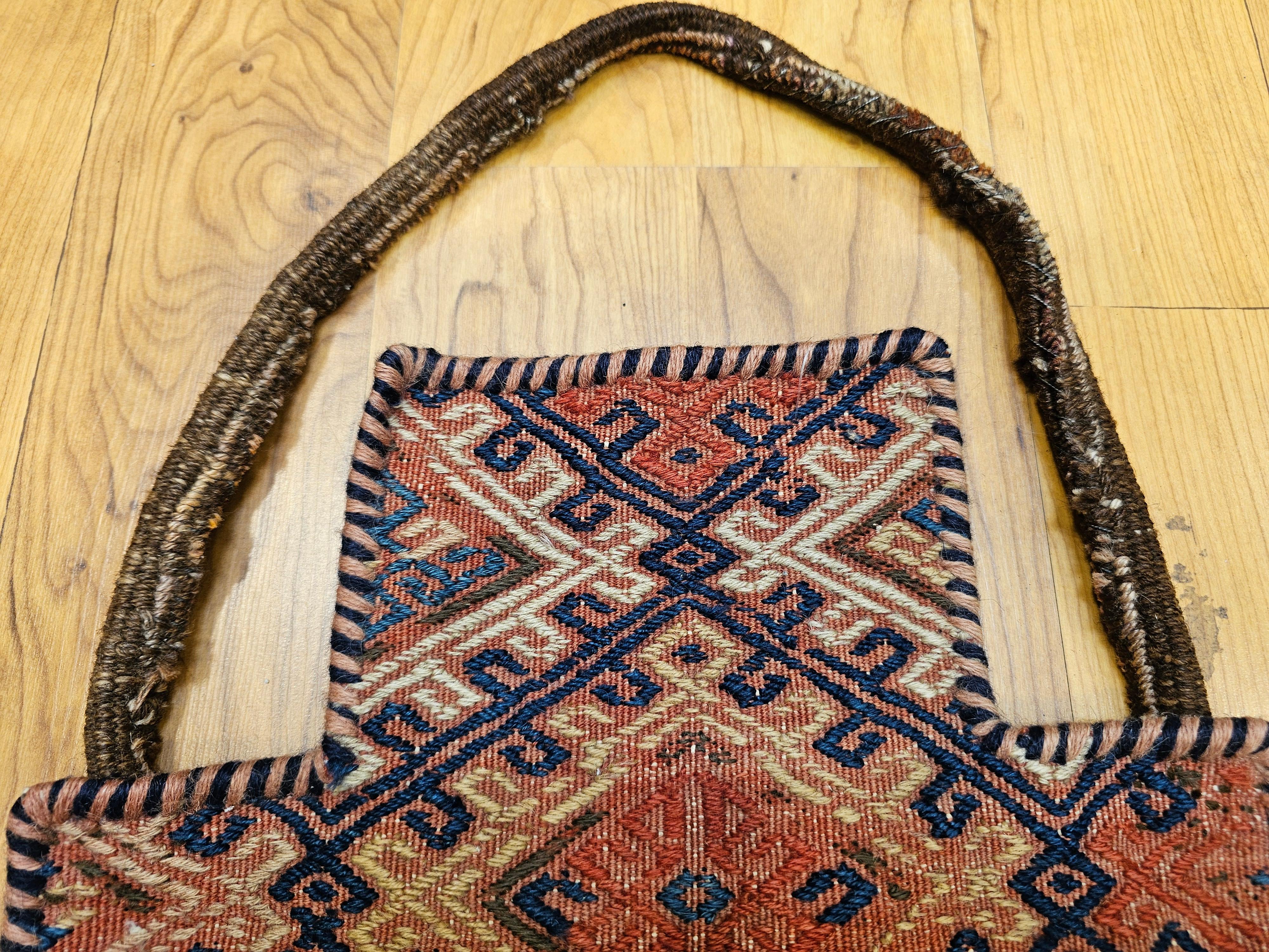 Vintage Persian Baluch Soumak Salt Bag in Red, Blue, Brown as Tribal Wall Art For Sale 6