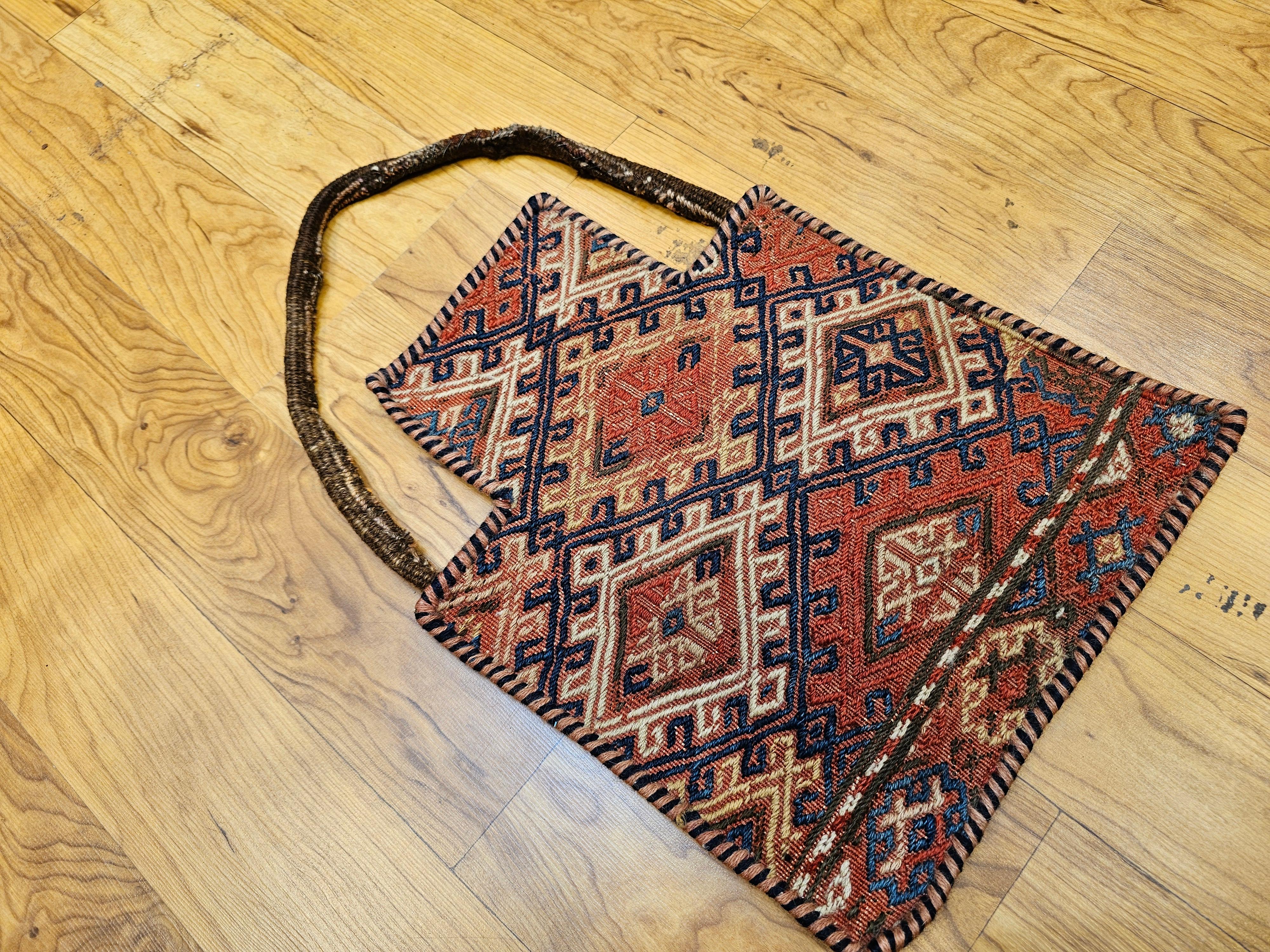 Vintage Persian Baluch Soumak Salt Bag in Red, Blue, Brown as Tribal Wall Art For Sale 8