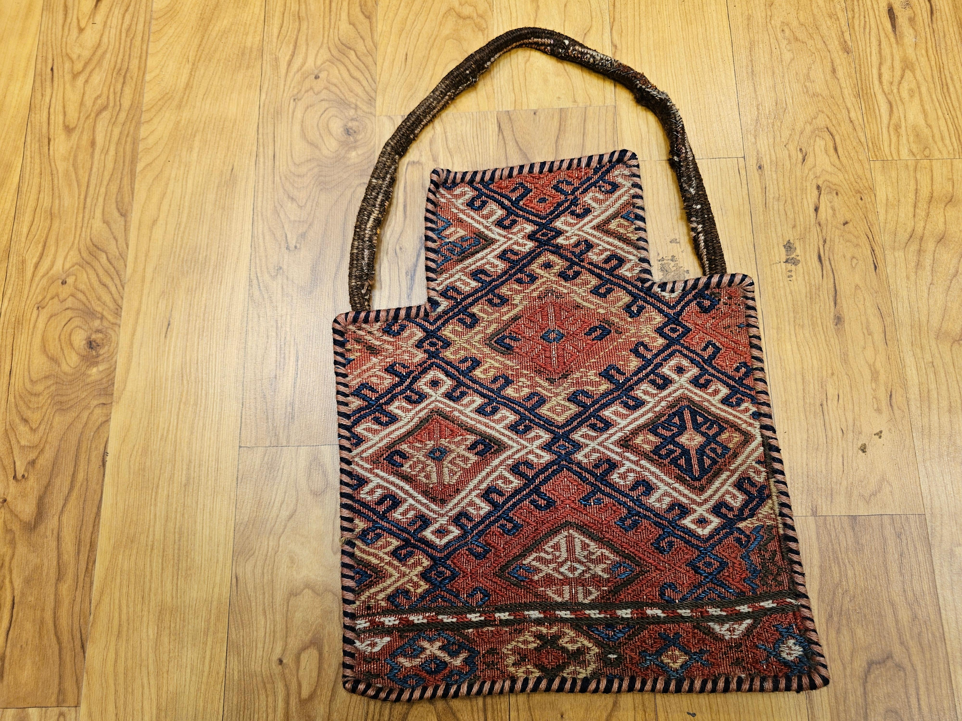 Vintage Persian Baluch Soumak Salt Bag in Red, Blue, Brown as Tribal Wall Art For Sale 9