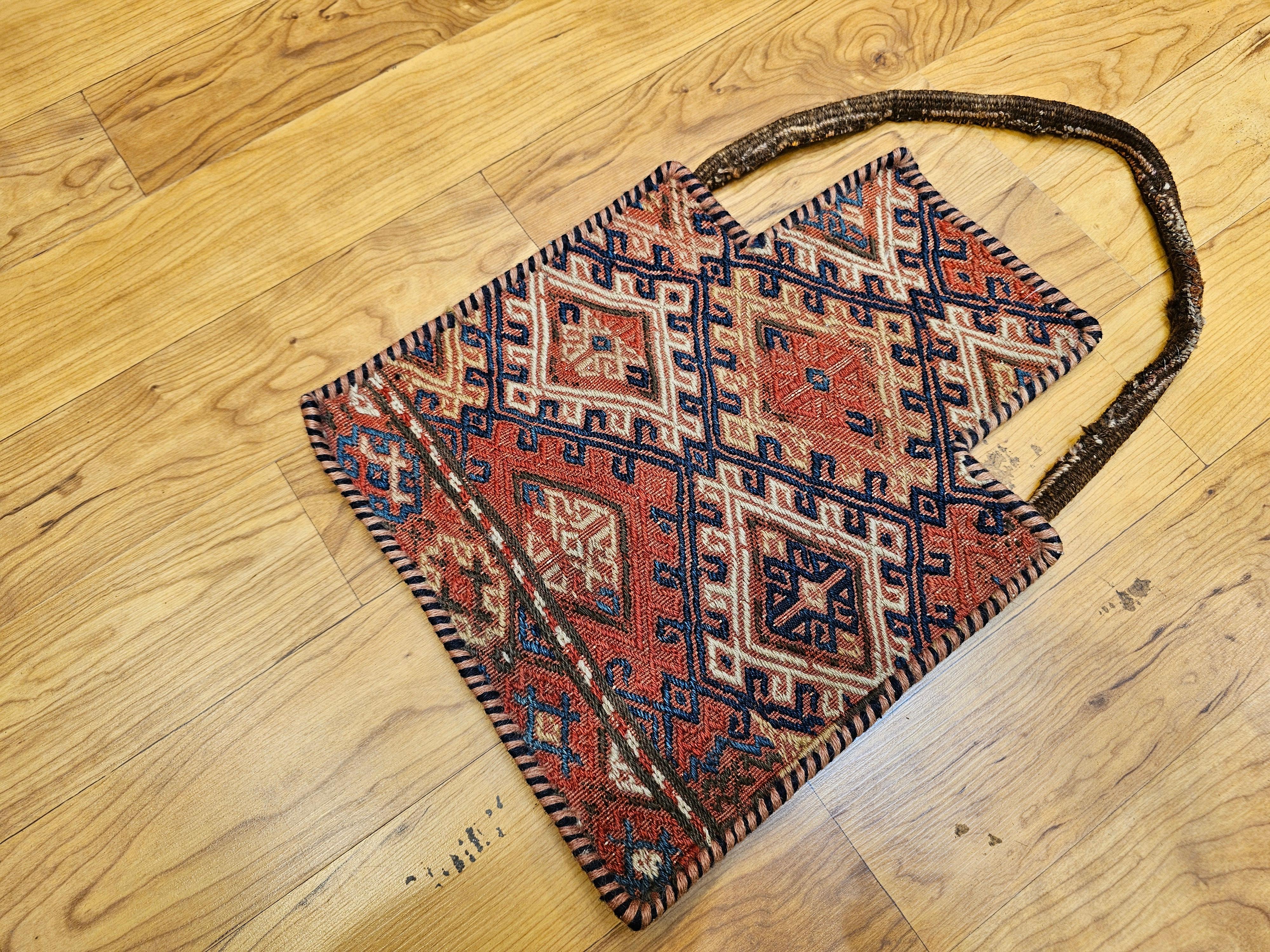 Vintage Persian Baluch Soumak Salt Bag in Red, Blue, Brown as Tribal Wall Art For Sale 10