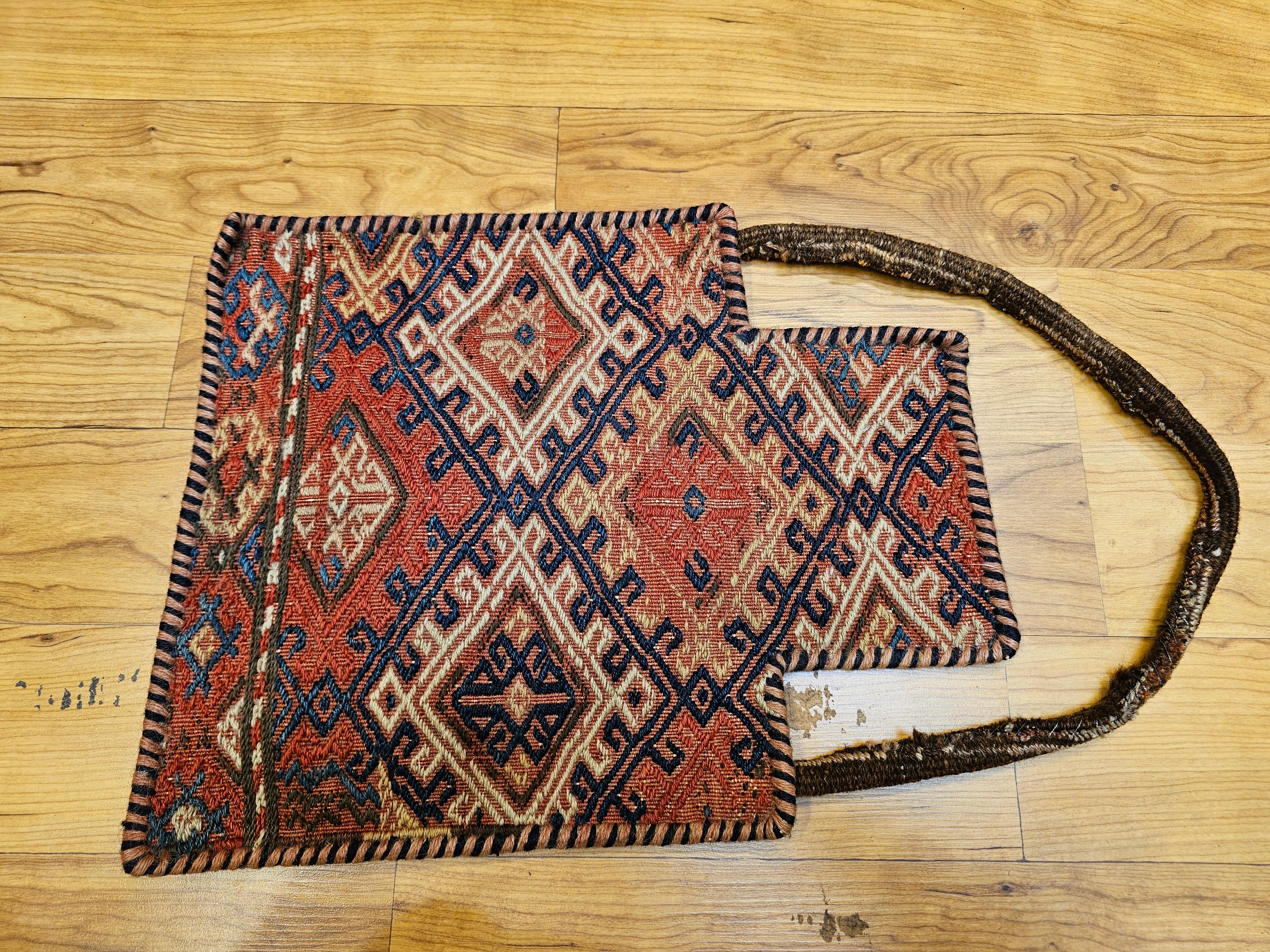 Vintage Persian Baluch Soumak Salt Bag in Red, Blue, Brown as Tribal Wall Art For Sale 11