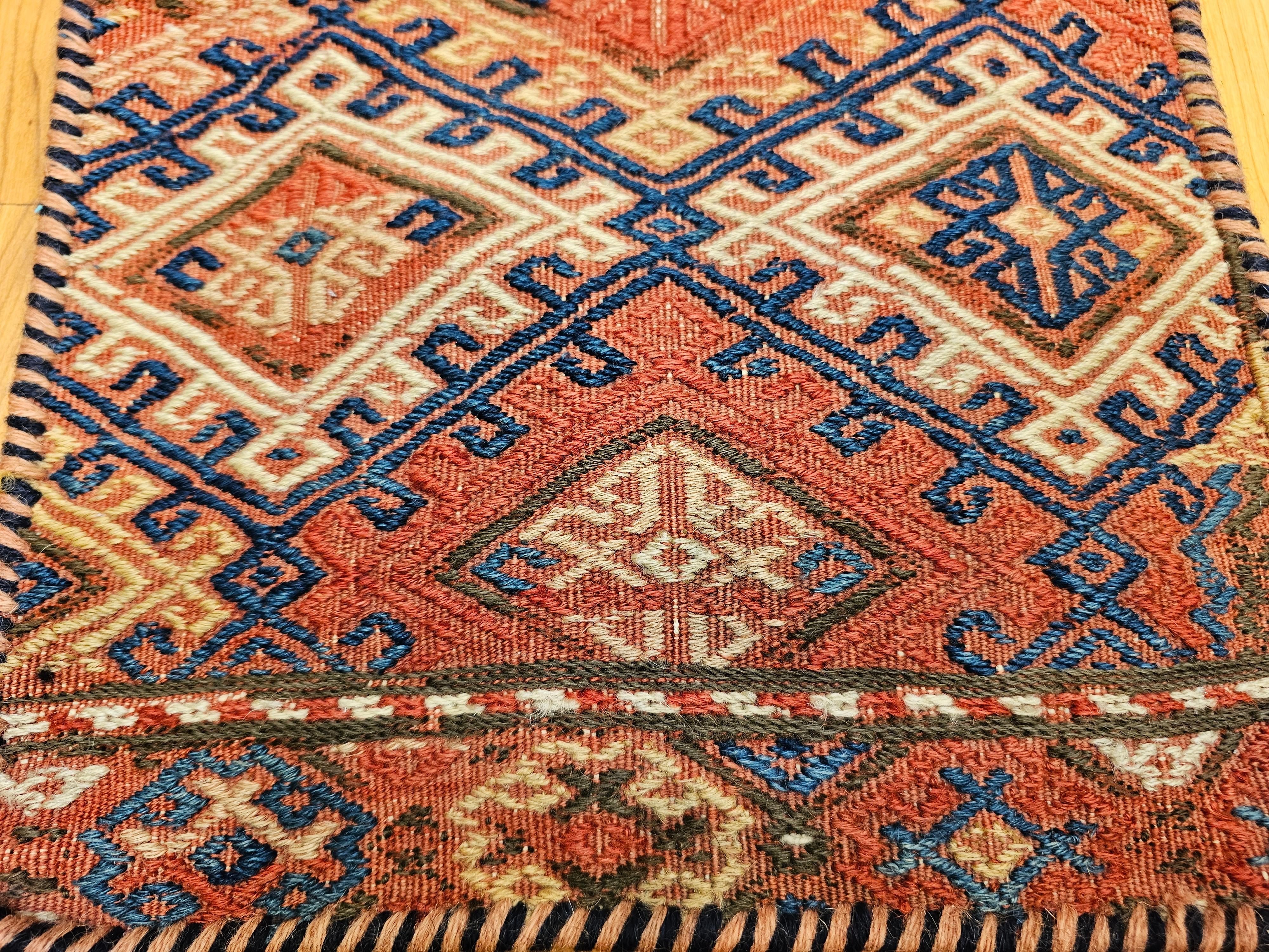 Vintage Persian Baluch Soumak Salt Bag in Red, Blue, Brown as Tribal Wall Art For Sale 3