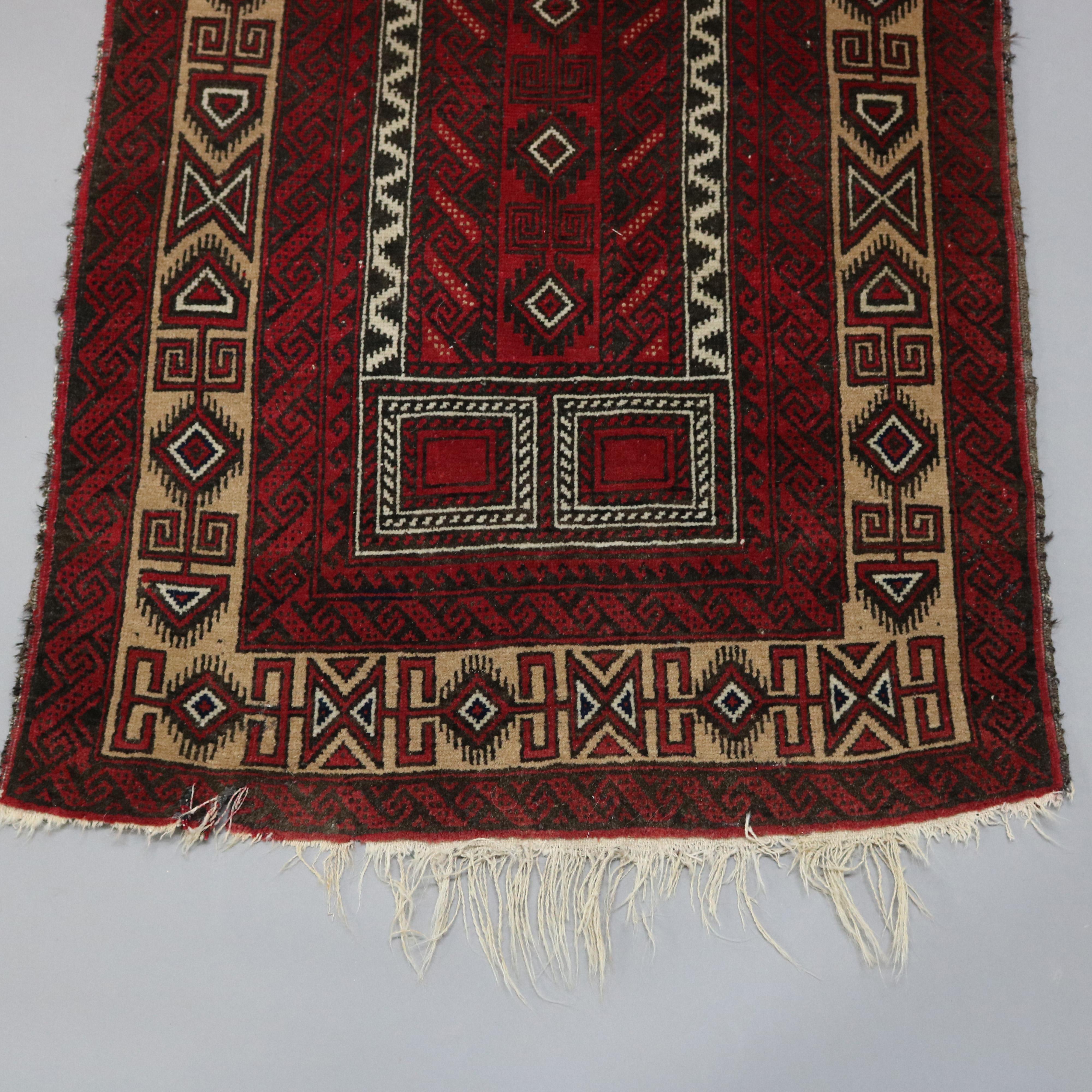20th Century Vintage Persian Baluch Tribal Oriental Prayer Rug, Stylized Mosque Design