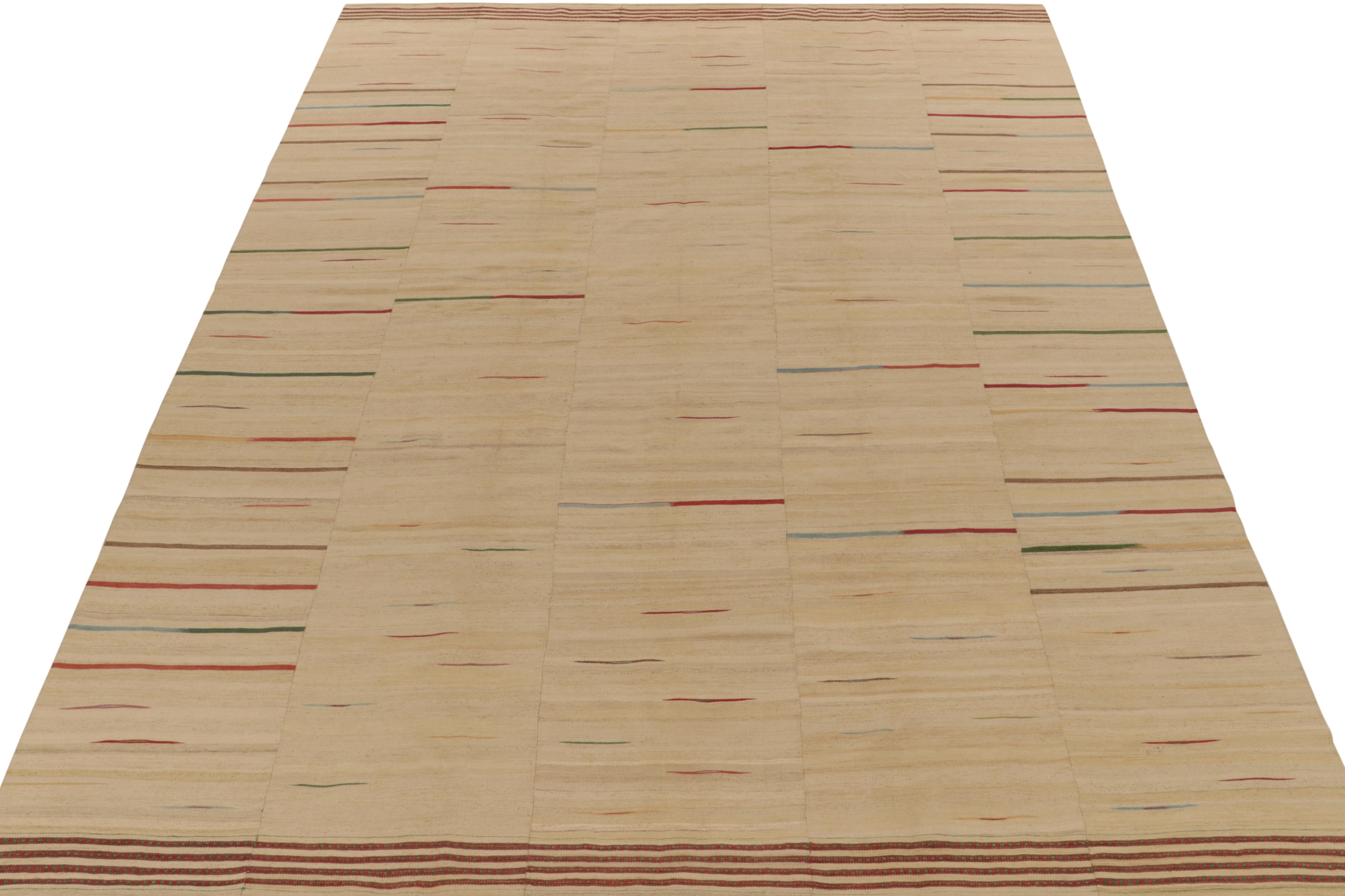 Persian Handwoven Vintage Paneled Kilim in Beige-Brown with Colorful Accent Stripes For Sale