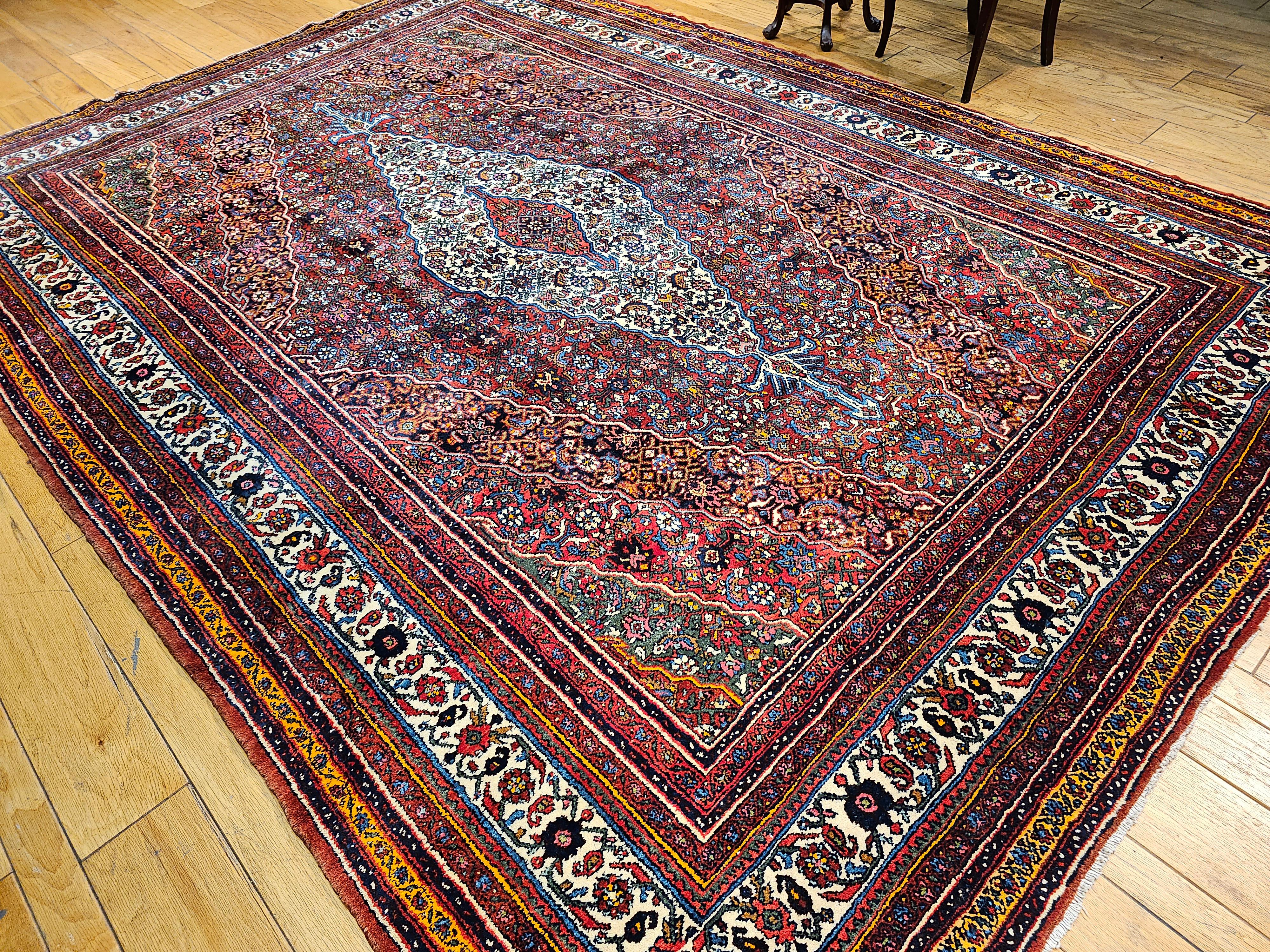 Vintage Persian Bibikabad  in Rust Red, Crimson, French Blue, Green, Pink, Ivory For Sale 7