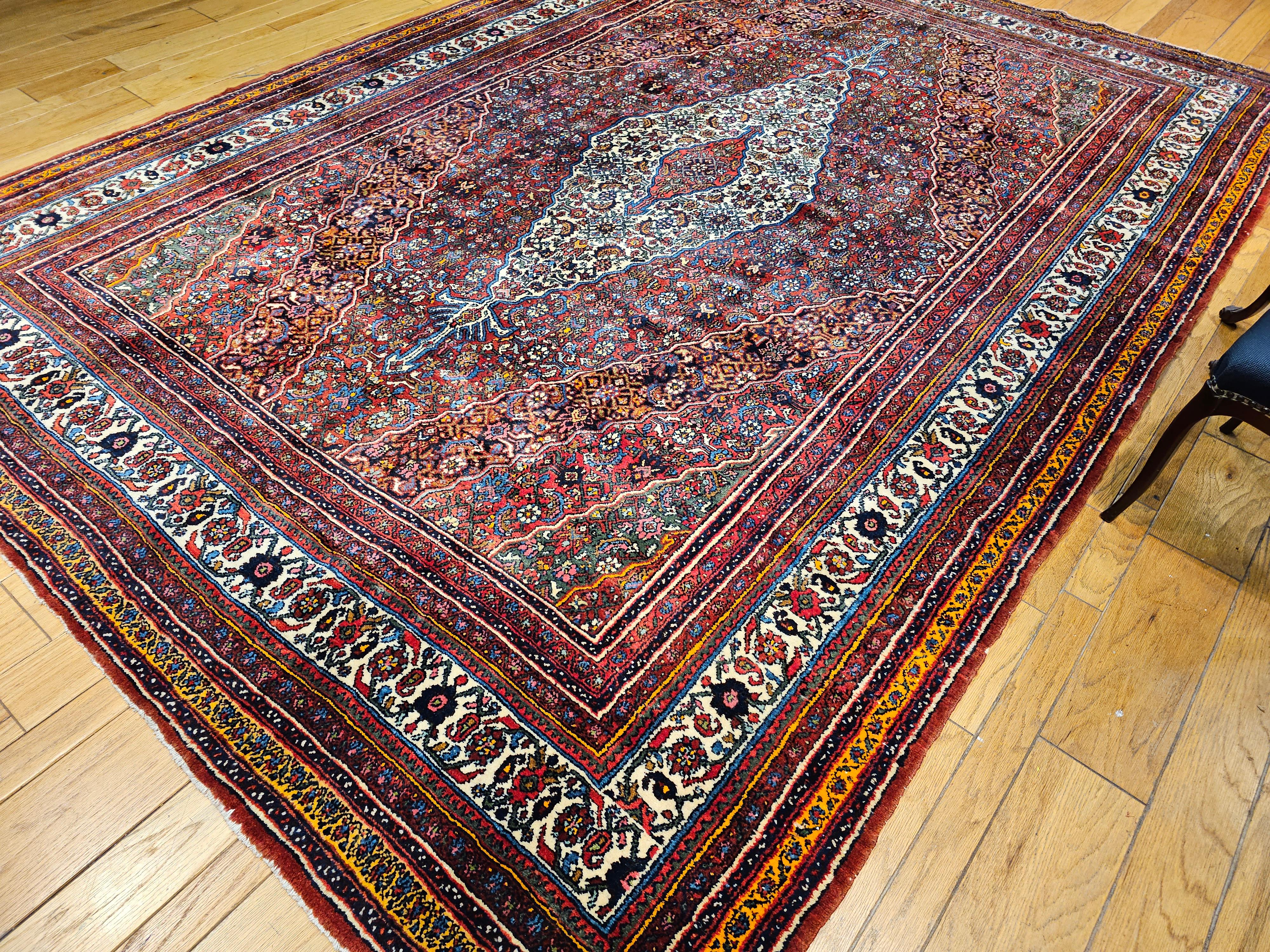 Vintage Persian Bibikabad  in Rust Red, Crimson, French Blue, Green, Pink, Ivory For Sale 8