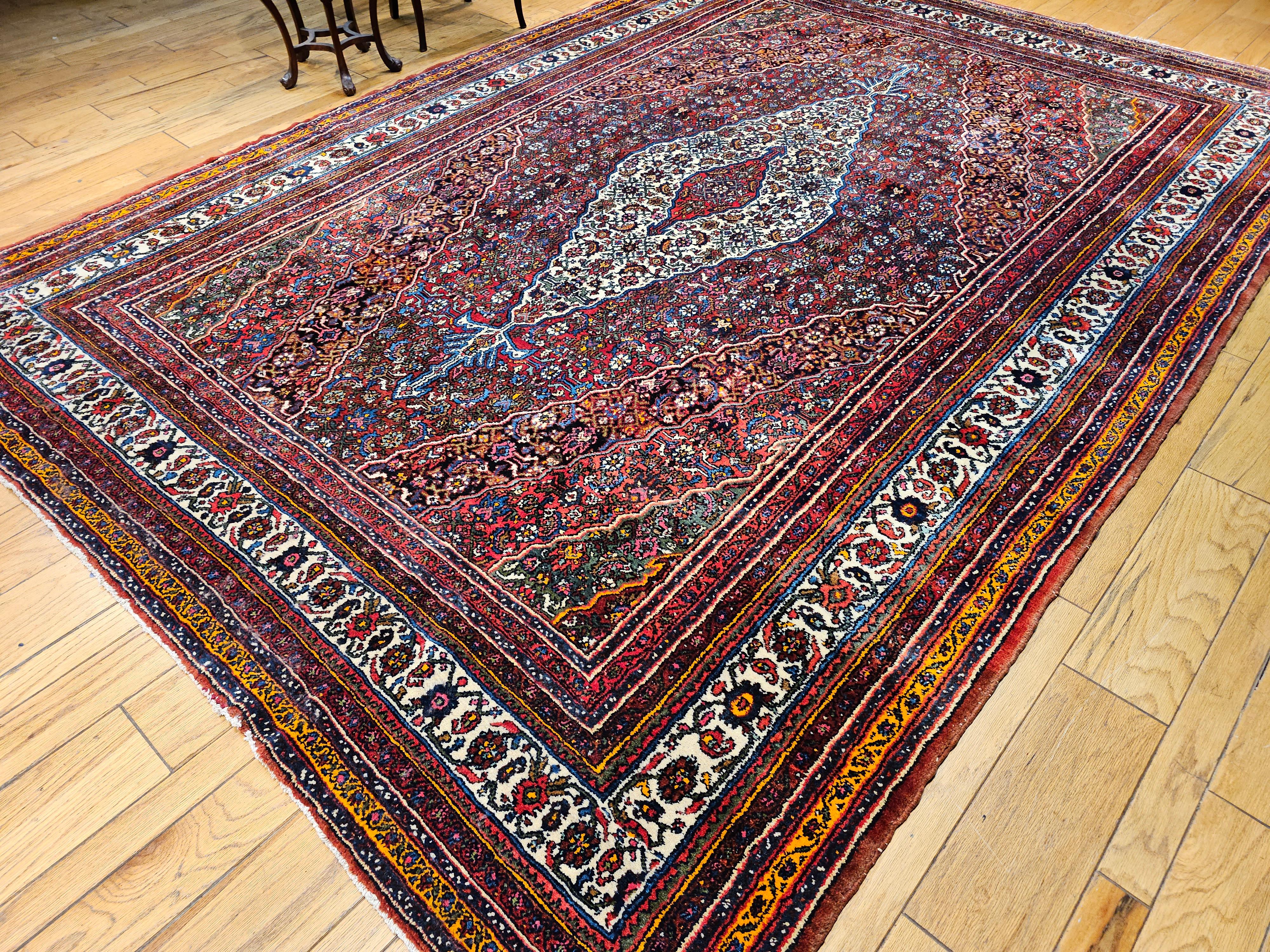 Vintage Persian Bibikabad  in Rust Red, Crimson, French Blue, Green, Pink, Ivory For Sale 10