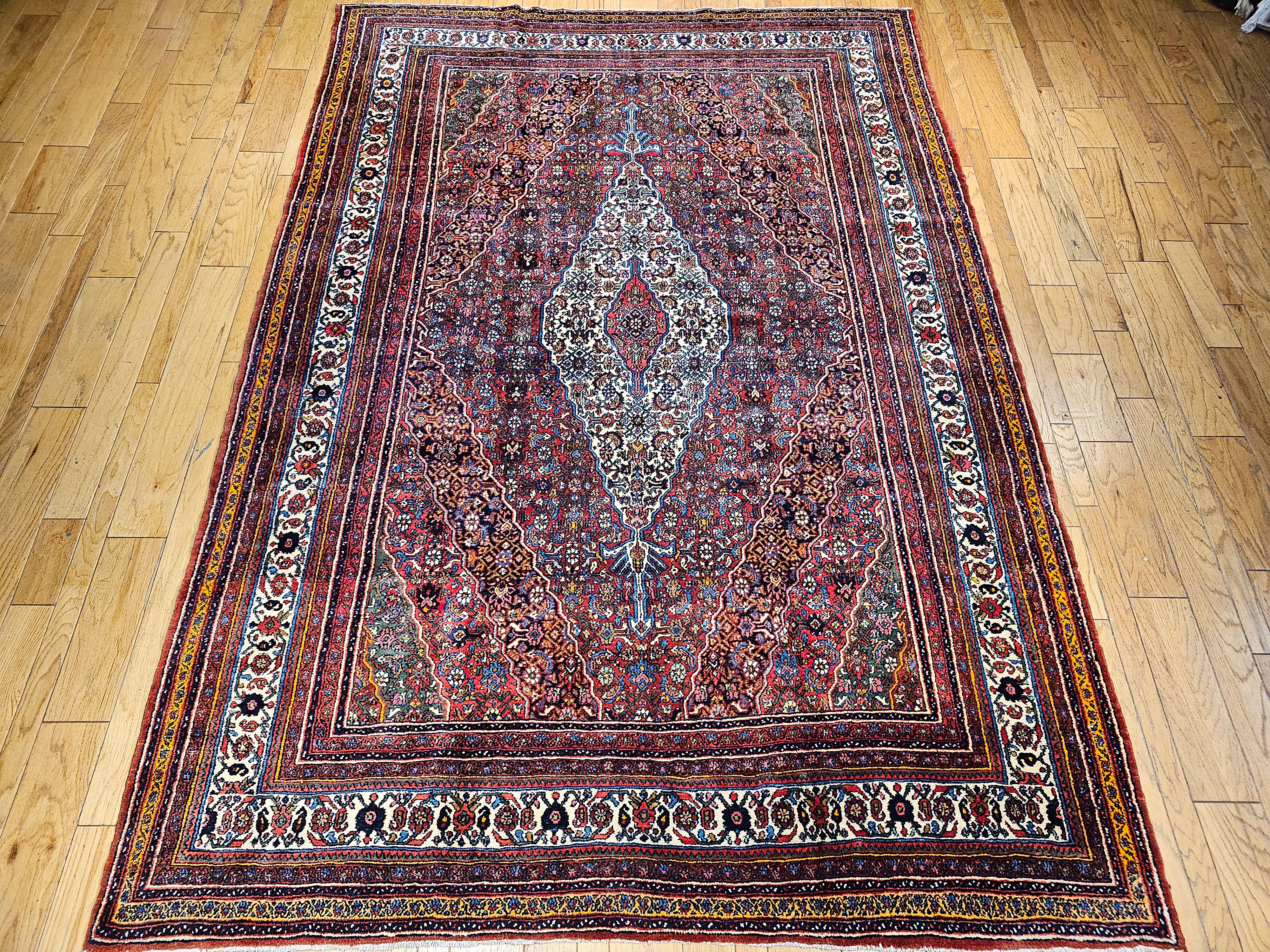 Vintage Persian Bibikabad  in Rust Red, Crimson, French Blue, Green, Pink, Ivory For Sale 12