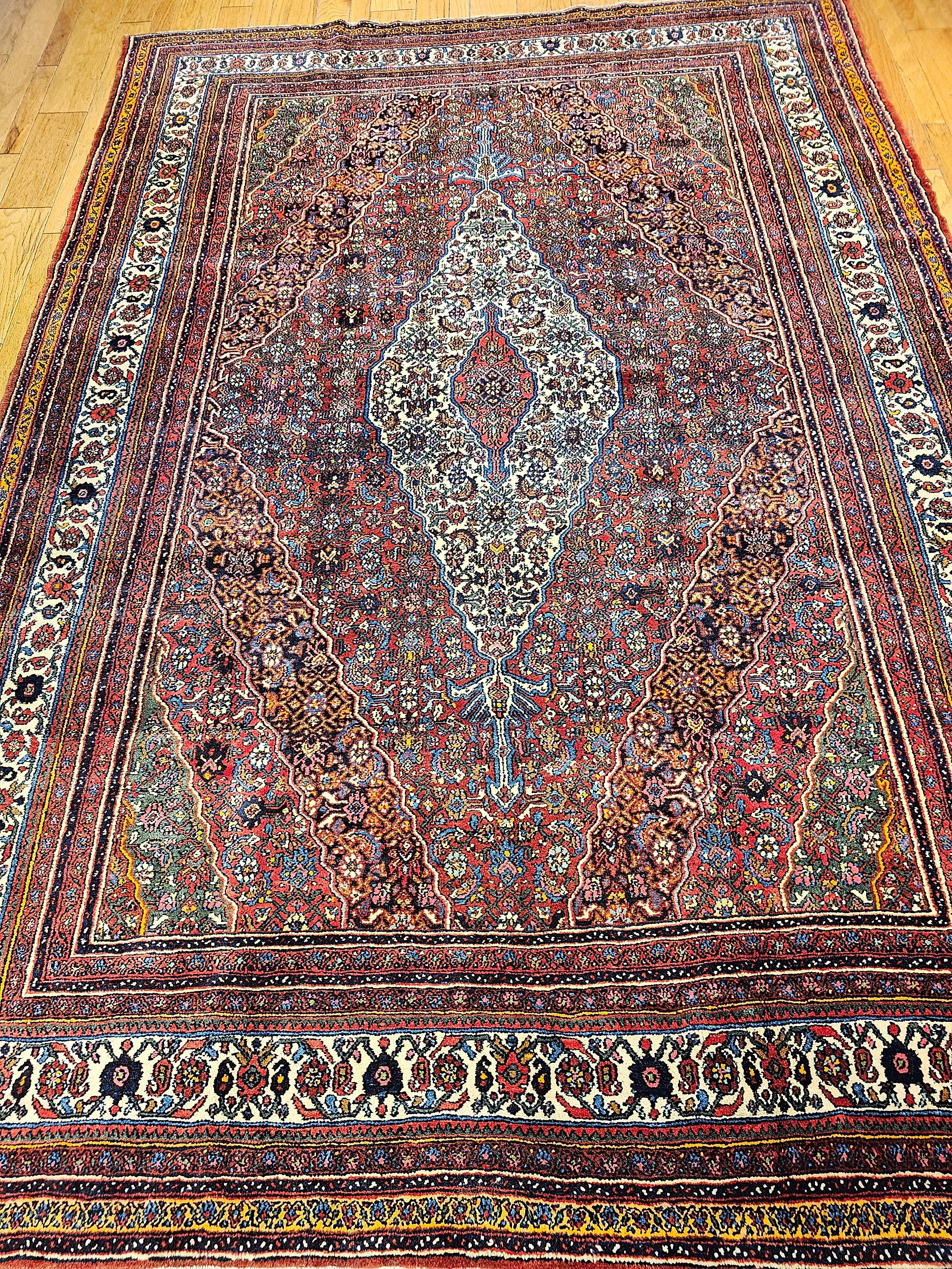 Hand-Knotted Vintage Persian Bibikabad  in Rust Red, Crimson, French Blue, Green, Pink, Ivory For Sale