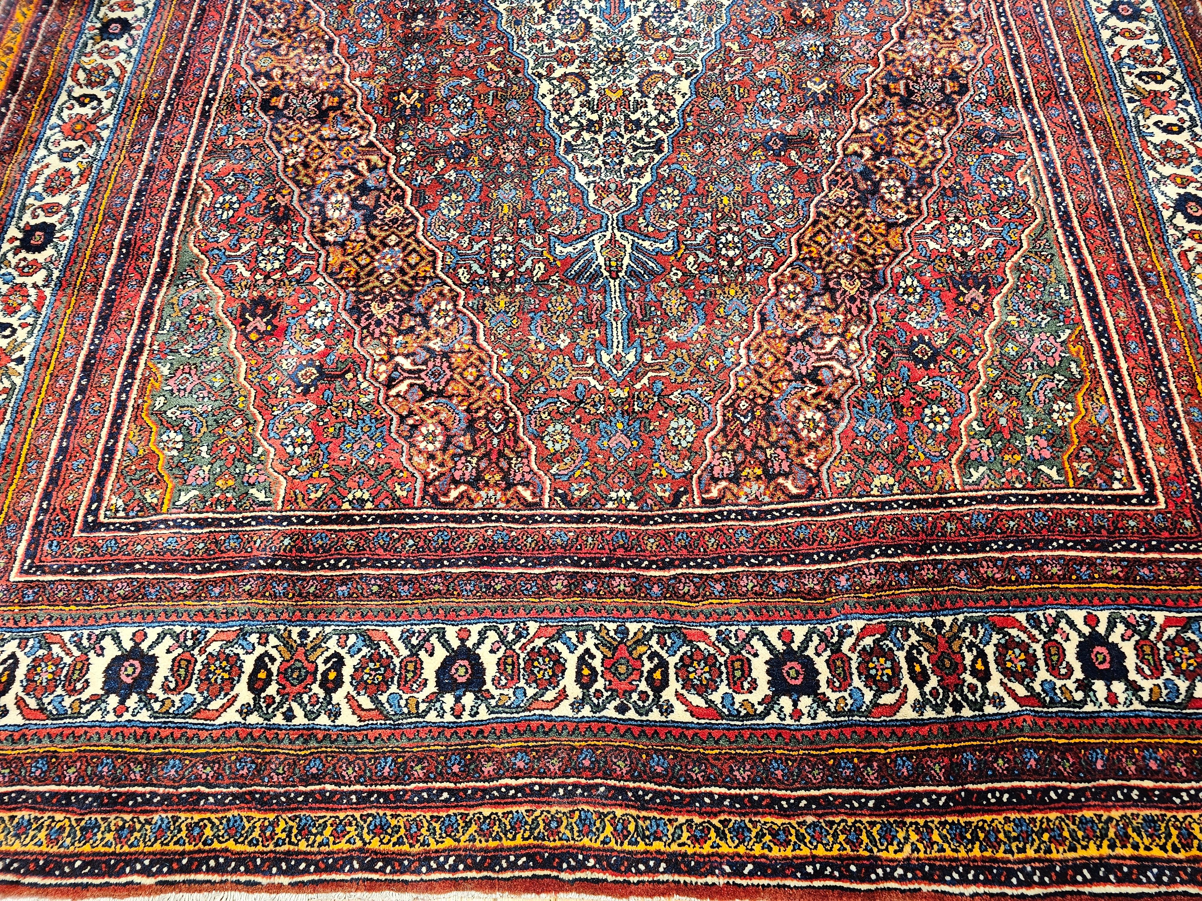 Vintage Persian Bibikabad  in Rust Red, Crimson, French Blue, Green, Pink, Ivory For Sale 1