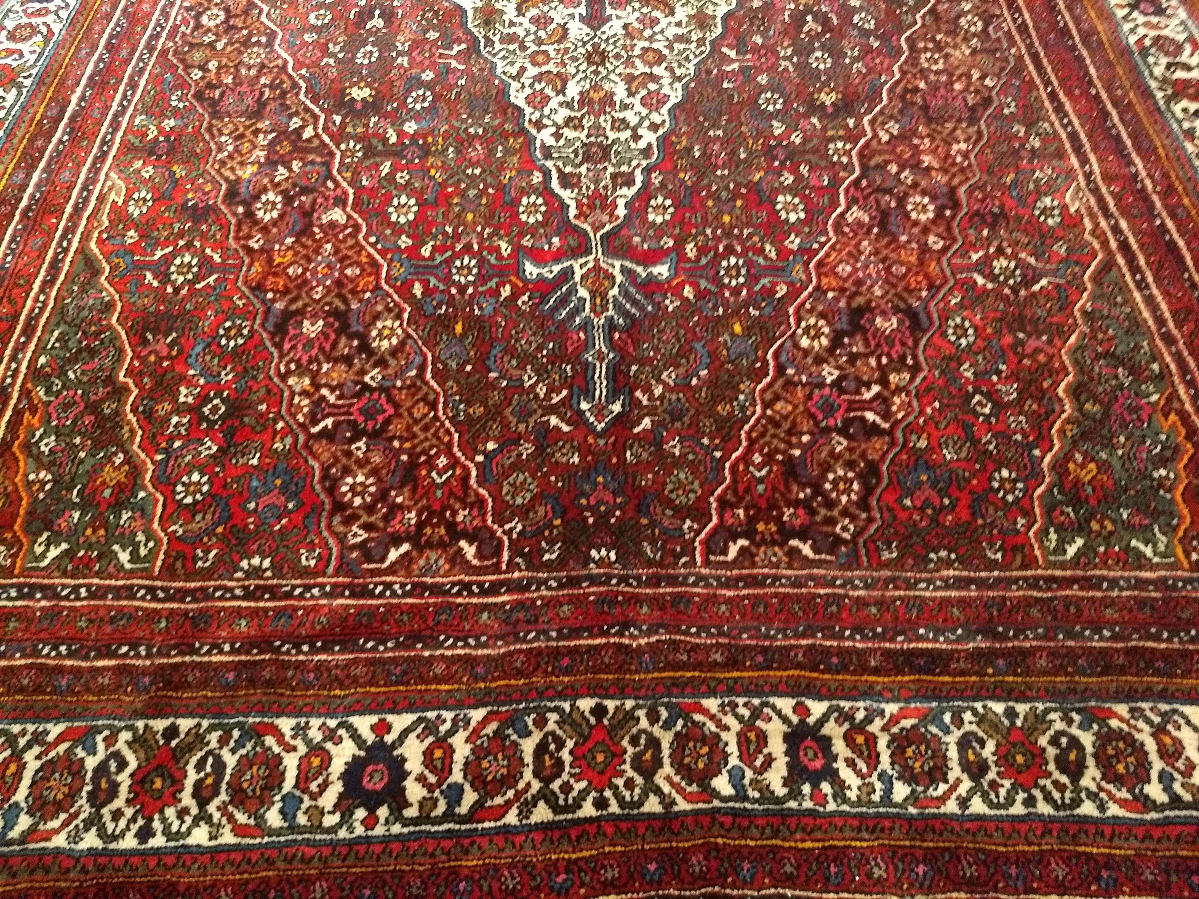 Vintage Persian Bibikabad Room Size Rug in Red, Crimson, Blue, Green, Ivory For Sale 2