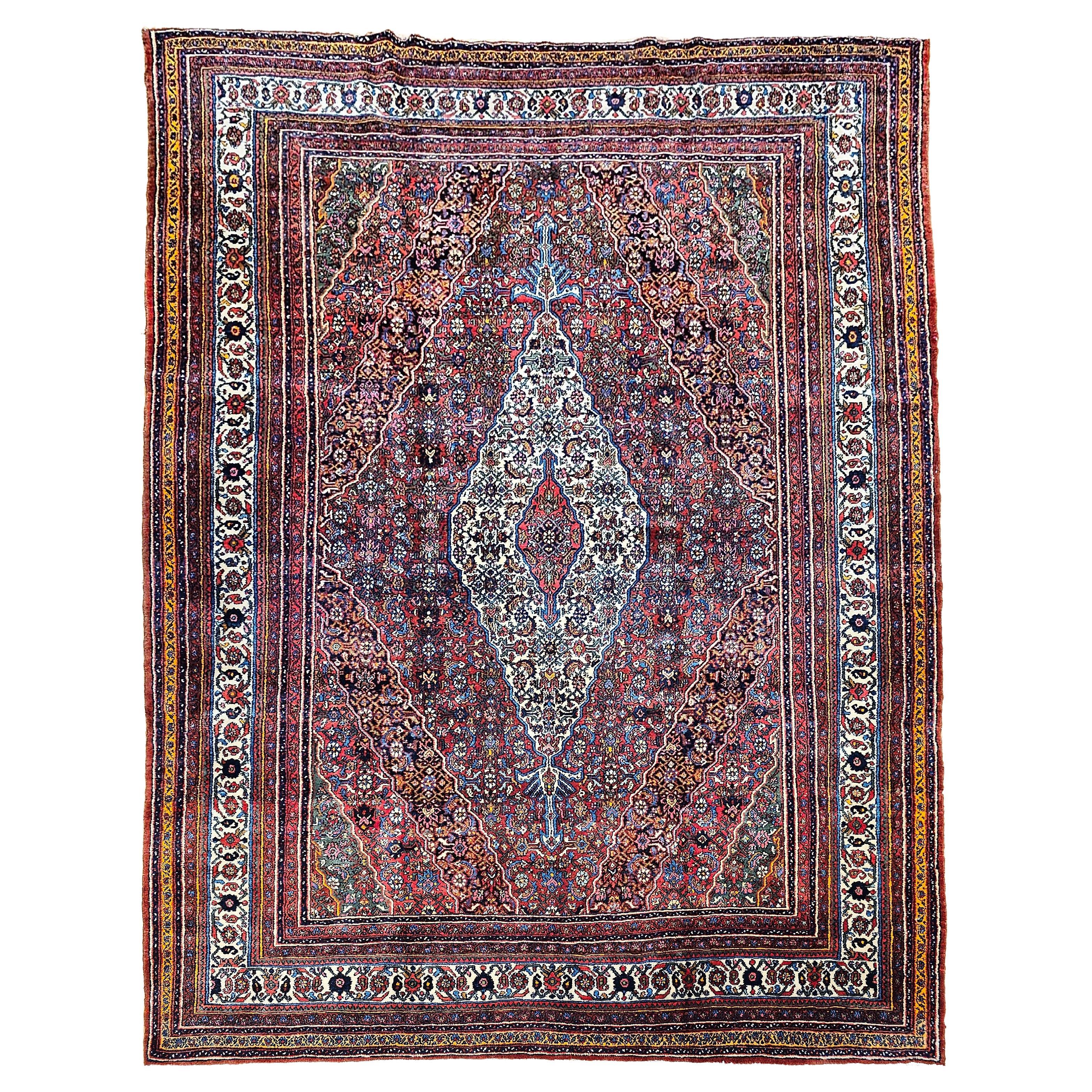 Vintage Persian Bibikabad  in Rust Red, Crimson, French Blue, Green, Pink, Ivory For Sale
