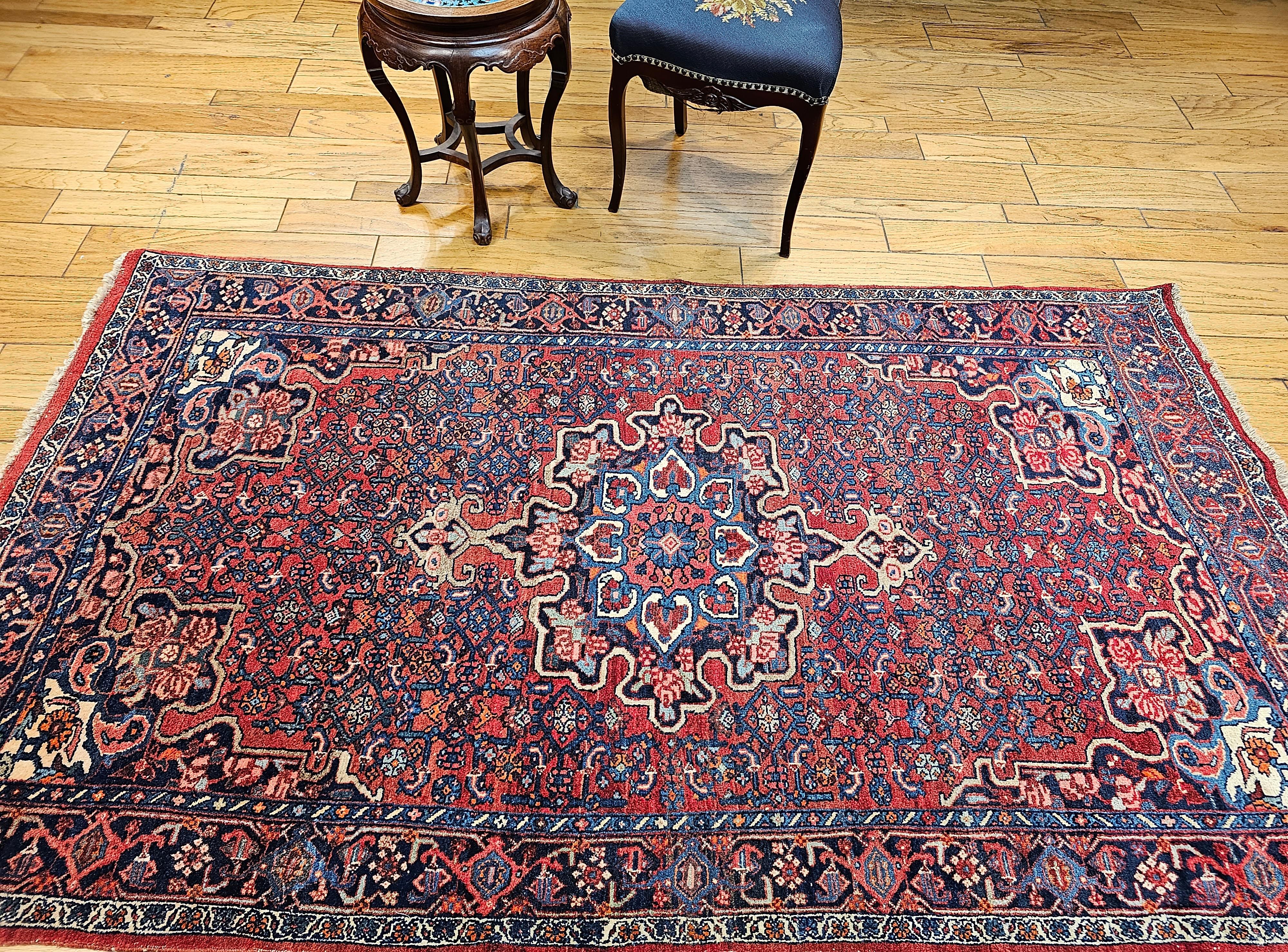 Vintage Persian Bidjar Area Rug in Floral Pattern in Red, Blue, Pink, Ivory For Sale 12
