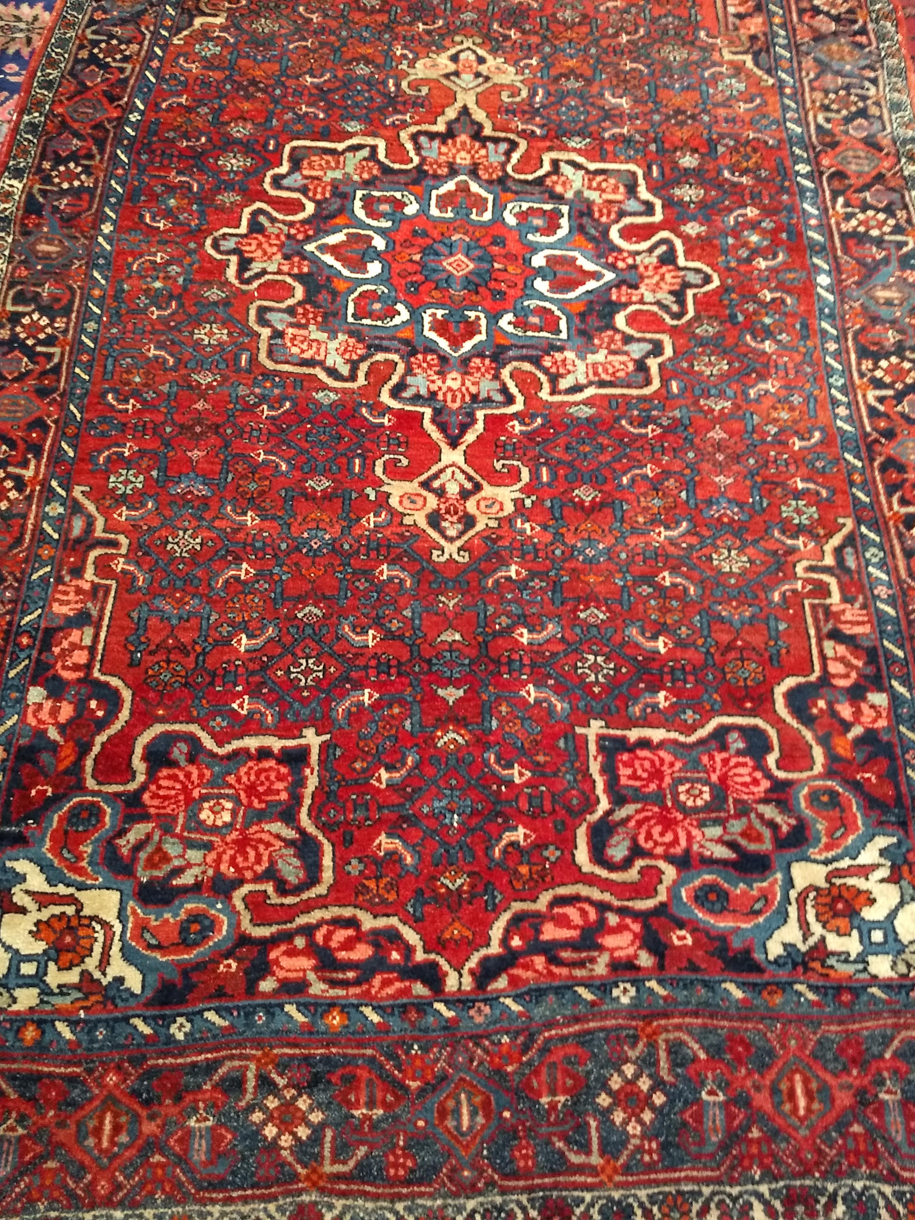 Hand-Knotted Vintage Persian Bidjar Area Rug in Floral Pattern in Red, Blue, Pink, Ivory For Sale