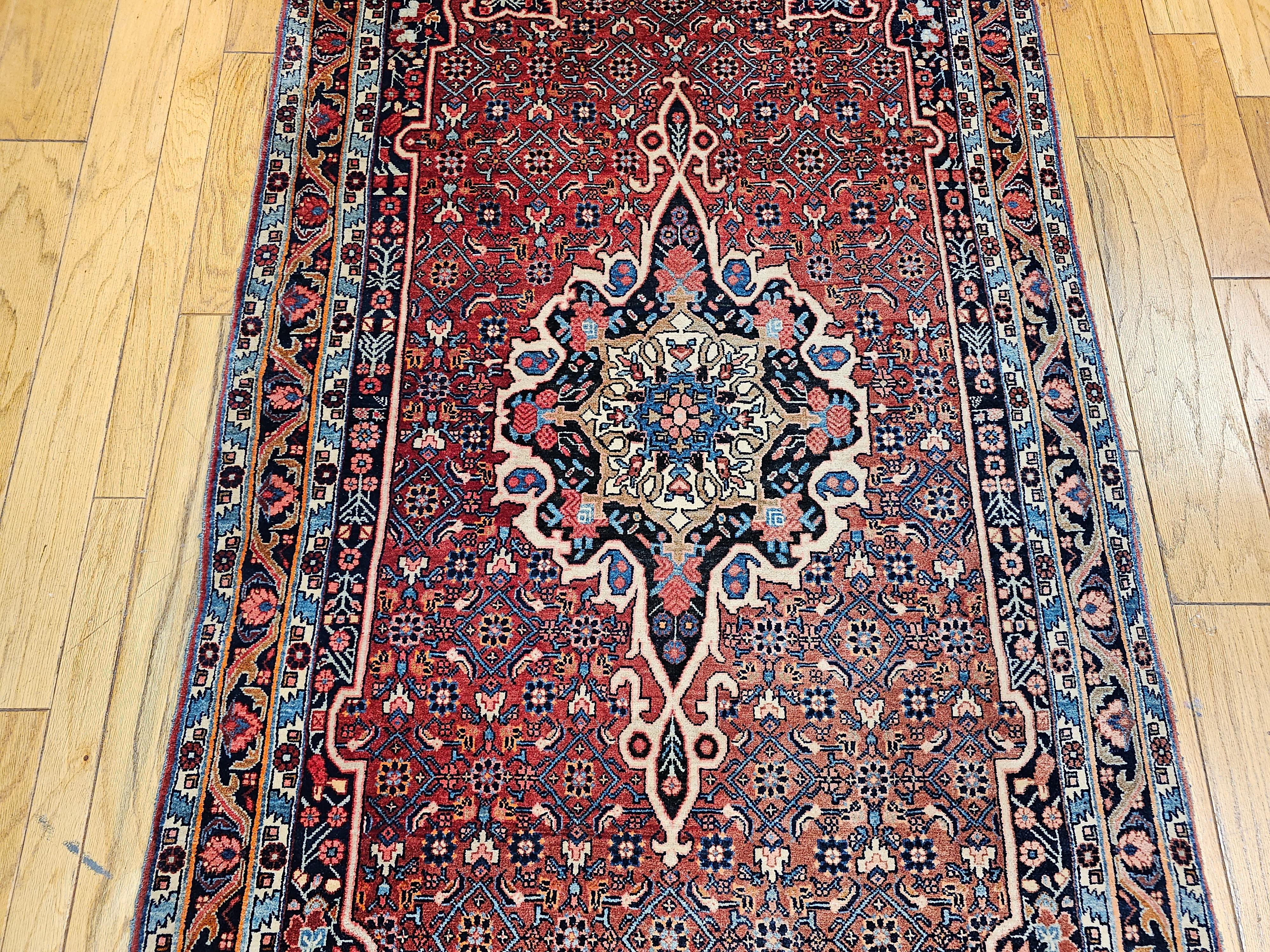 Vintage Persian Bidjar Area Rug in Floral Pattern in Red, Blue, Pink, Ivory In Good Condition For Sale In Barrington, IL