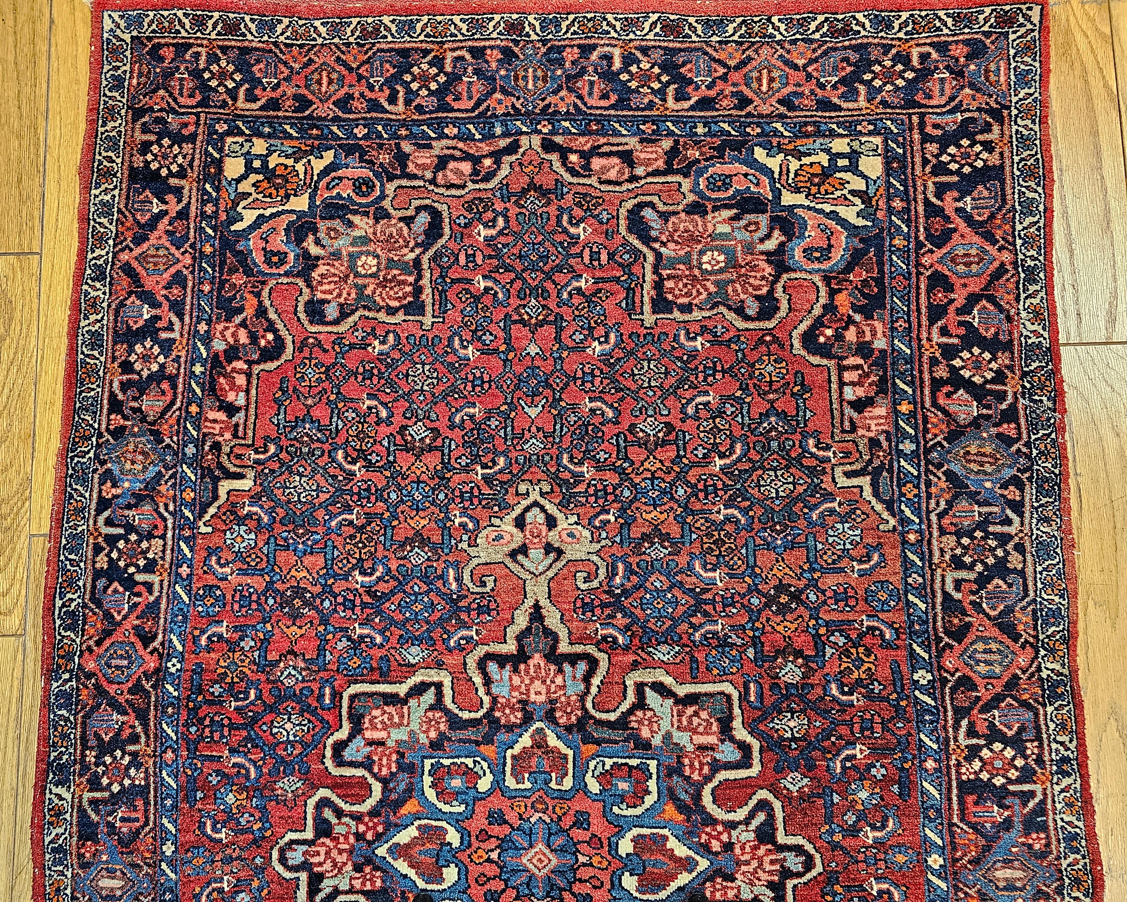 Vintage Persian Bidjar Area Rug in Floral Pattern in Red, Blue, Pink, Ivory In Good Condition For Sale In Barrington, IL