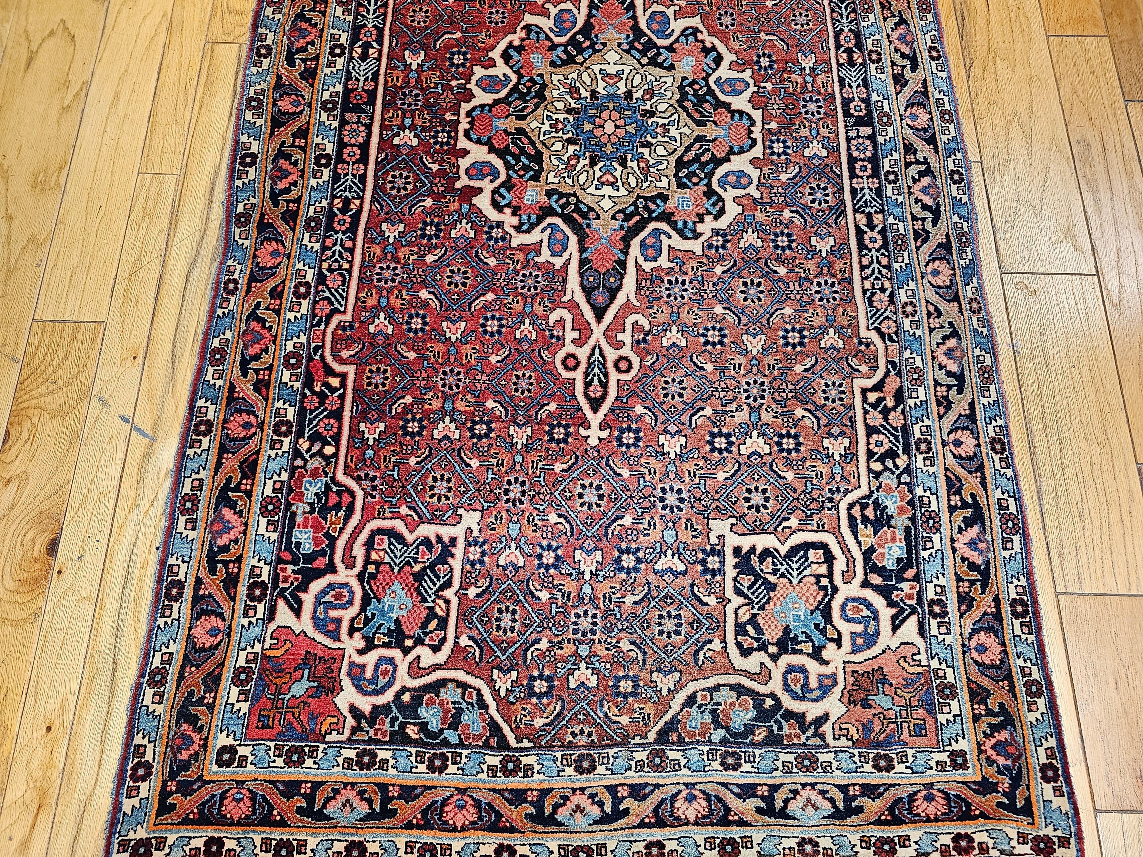 20th Century Vintage Persian Bidjar Area Rug in Floral Pattern in Red, Blue, Pink, Ivory For Sale