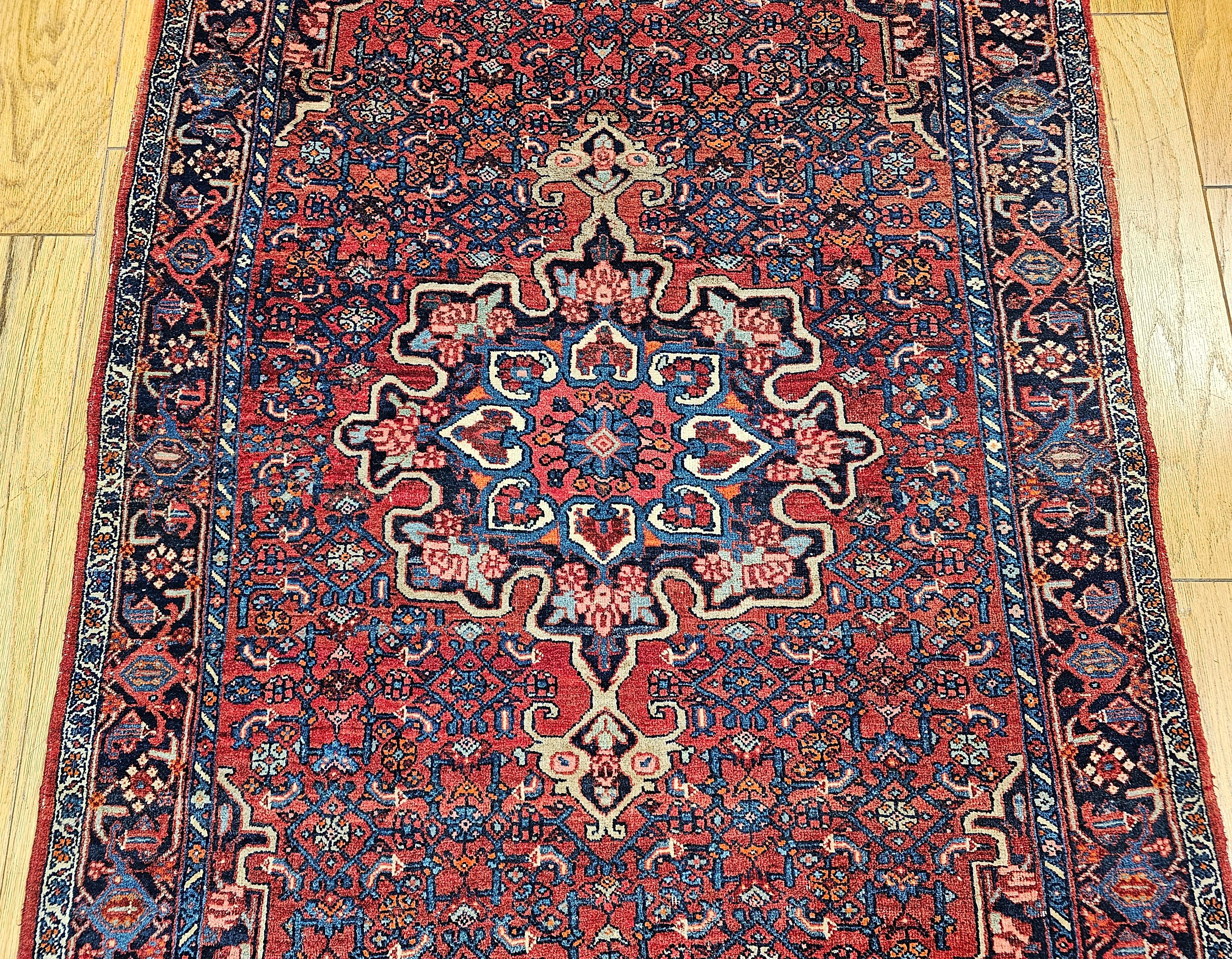 20th Century Vintage Persian Bidjar Area Rug in Floral Pattern in Red, Blue, Pink, Ivory For Sale