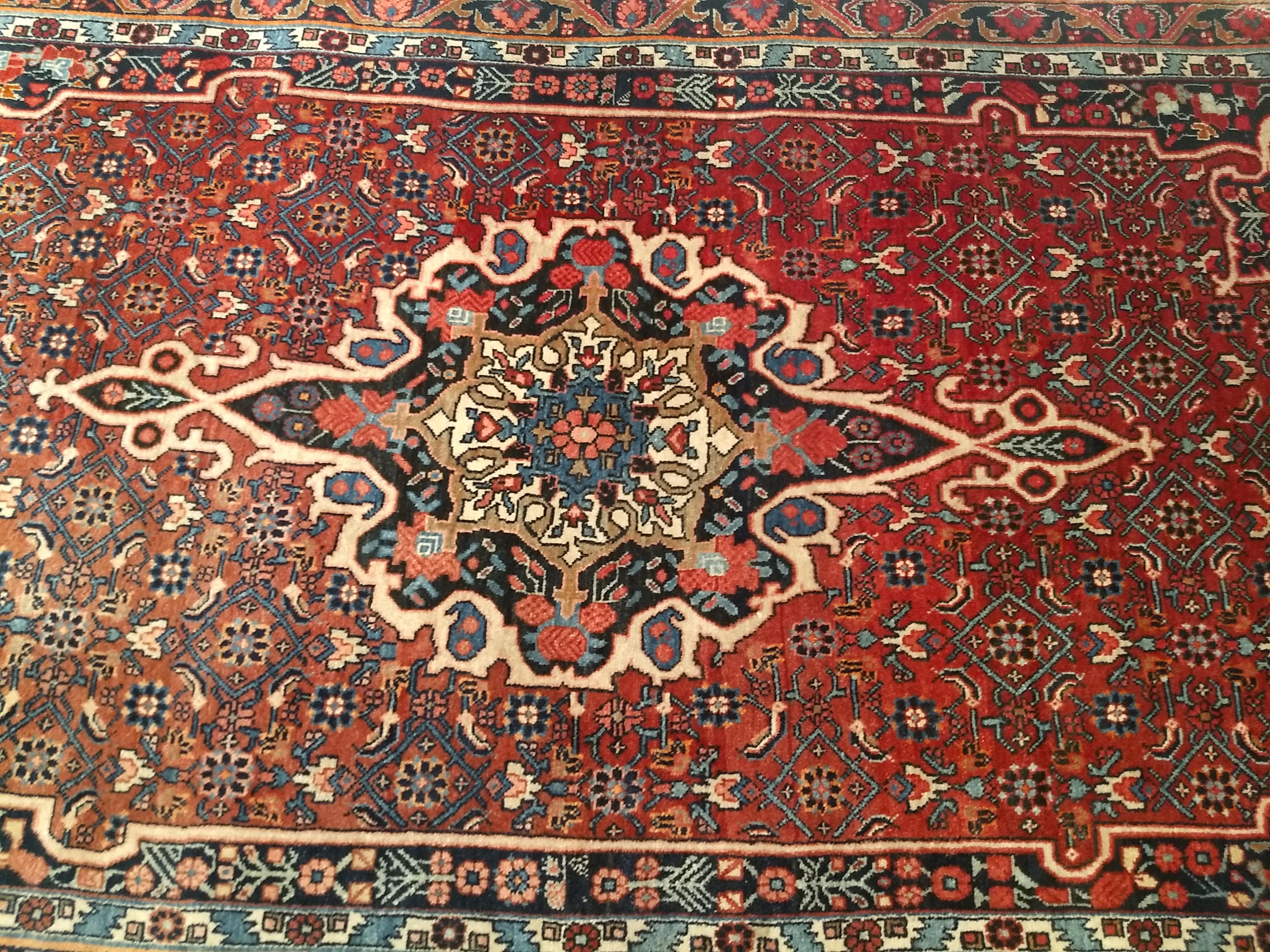 Wool Vintage Persian Bidjar Area Rug in Floral Pattern in Red, Blue, Pink, Ivory For Sale