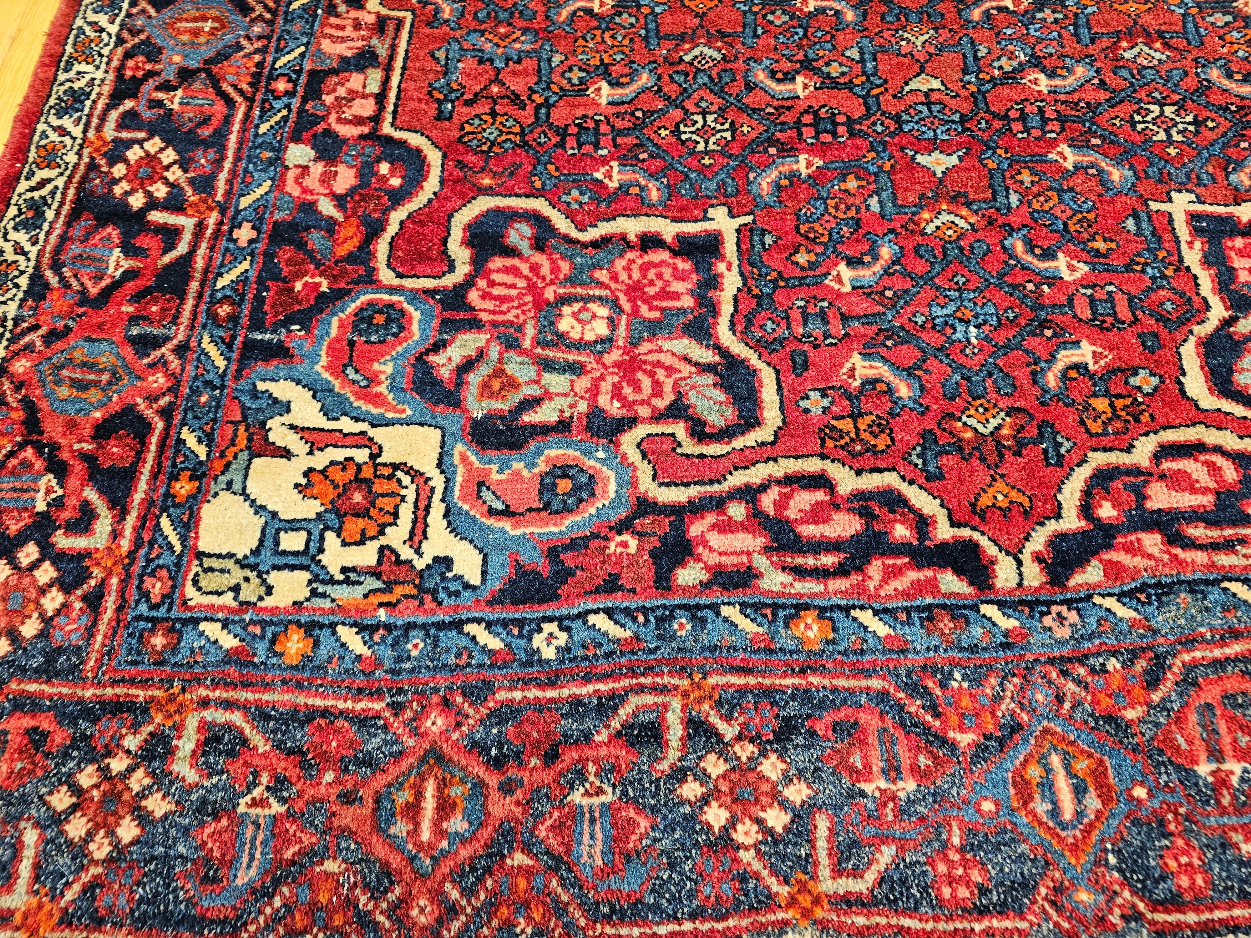 Vintage Persian Bidjar Area Rug in Floral Pattern in Red, Blue, Pink, Ivory For Sale 1