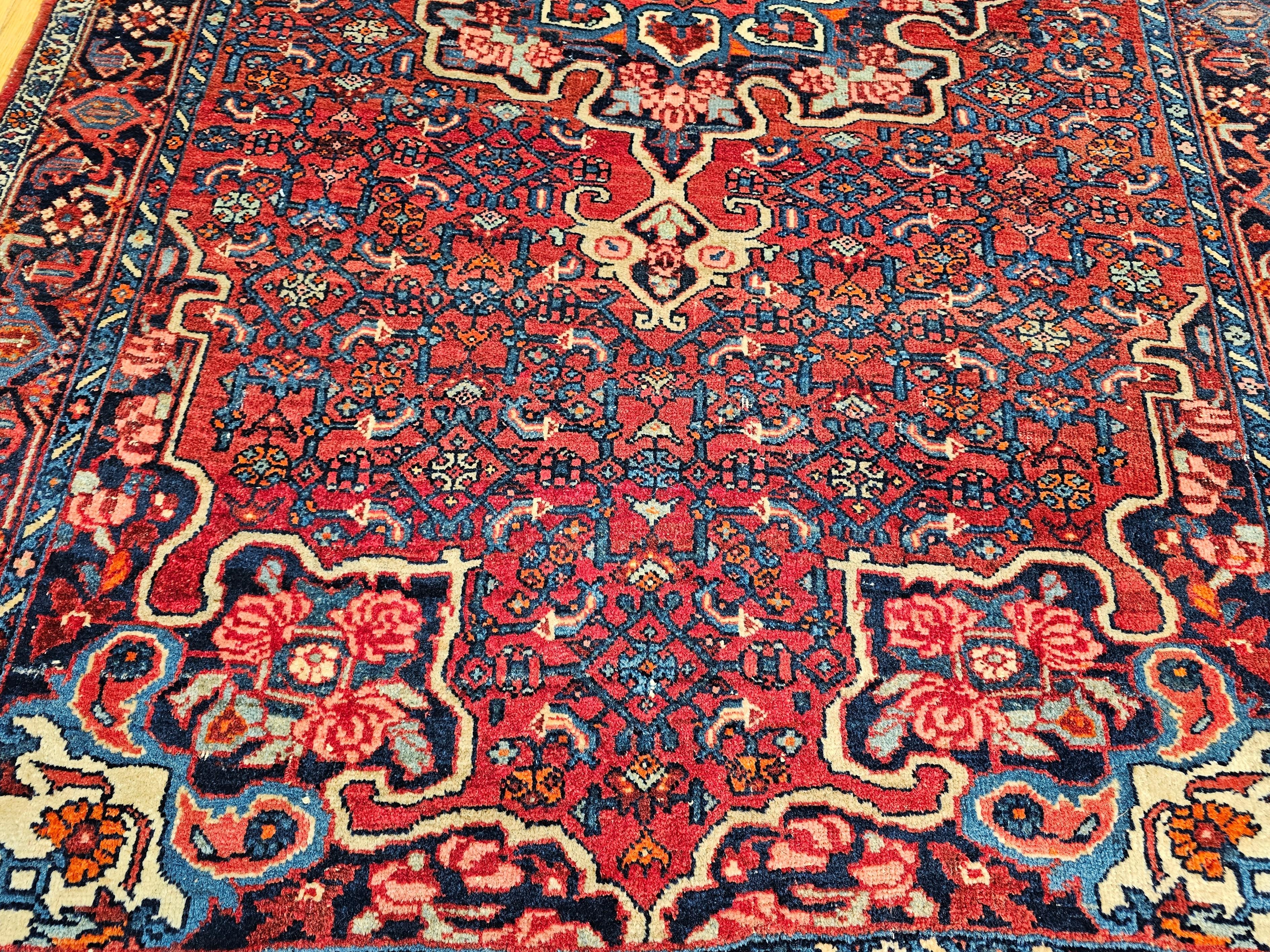 Vintage Persian Bidjar Area Rug in Floral Pattern in Red, Blue, Pink, Ivory For Sale 3