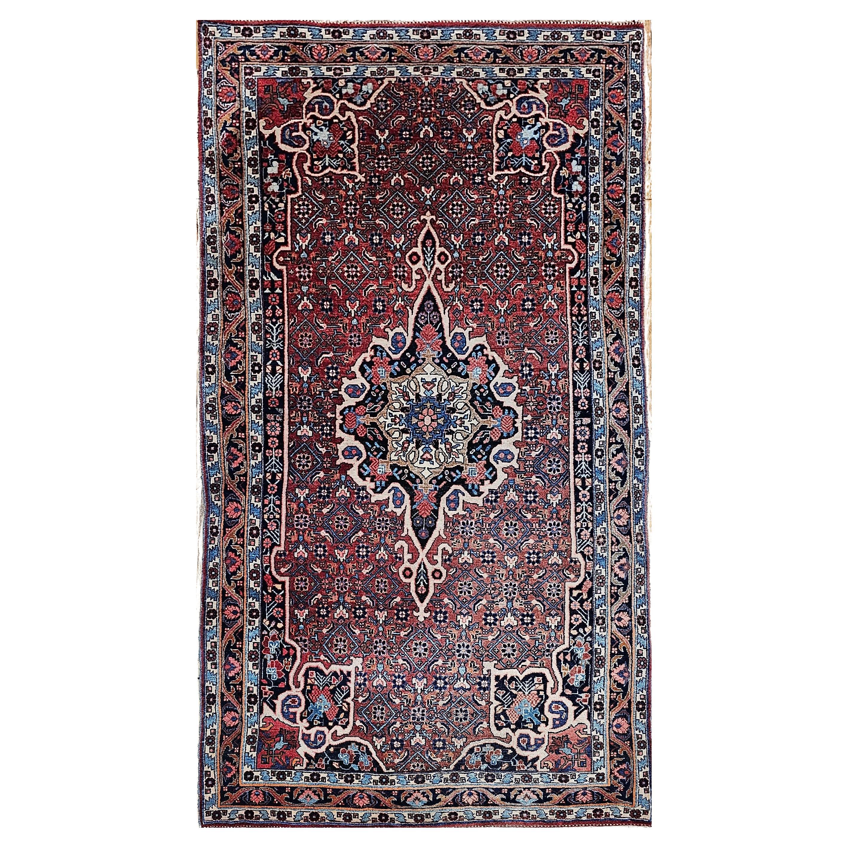 Vintage Persian Bidjar Area Rug in Floral Pattern in Red, Blue, Pink, Ivory For Sale