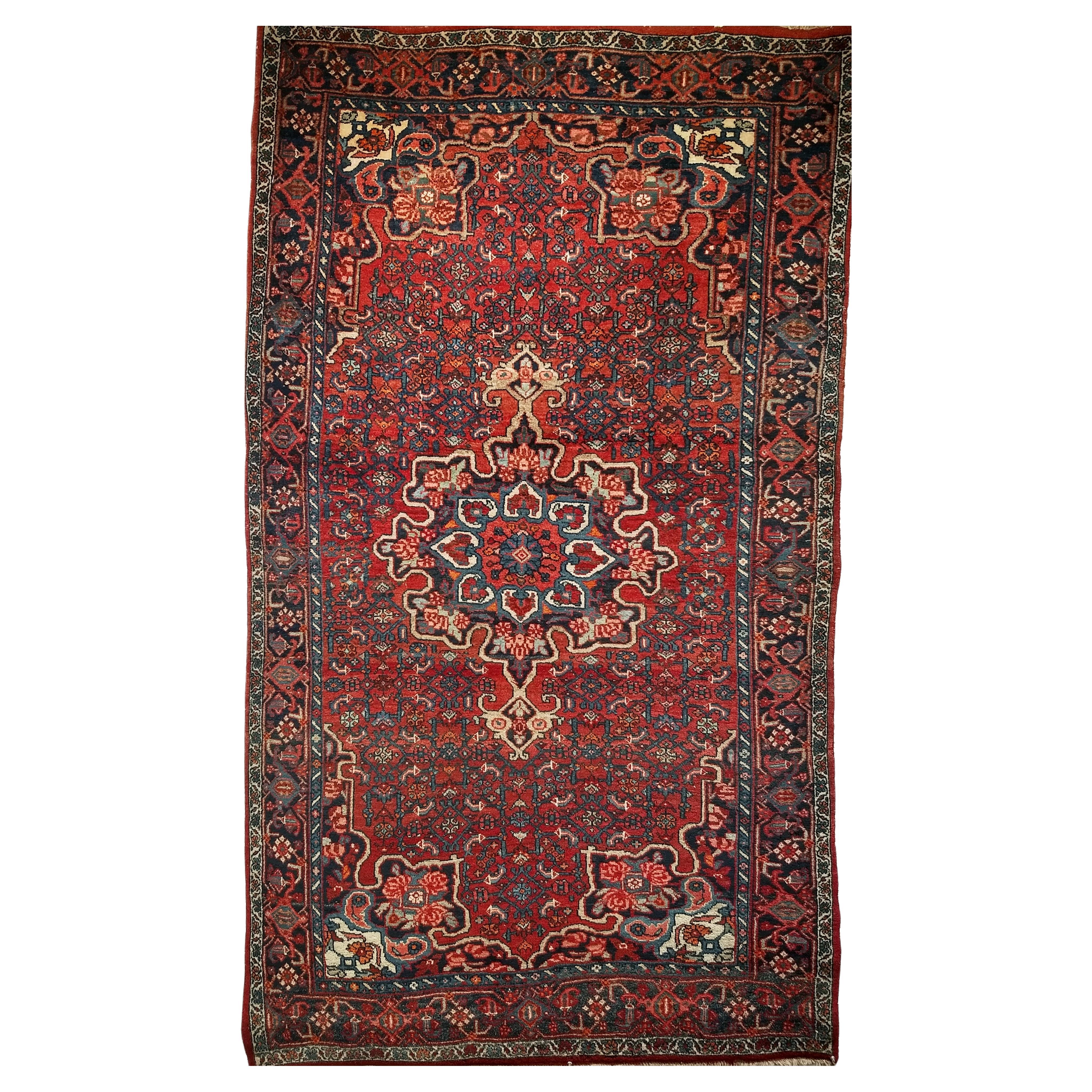 Vintage Persian Bidjar Area Rug in Floral Pattern in Red, Blue, Pink, Ivory