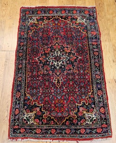 Vintage Persian Bidjar Area Rug in Red, Navy, Green, Blue, Yellow