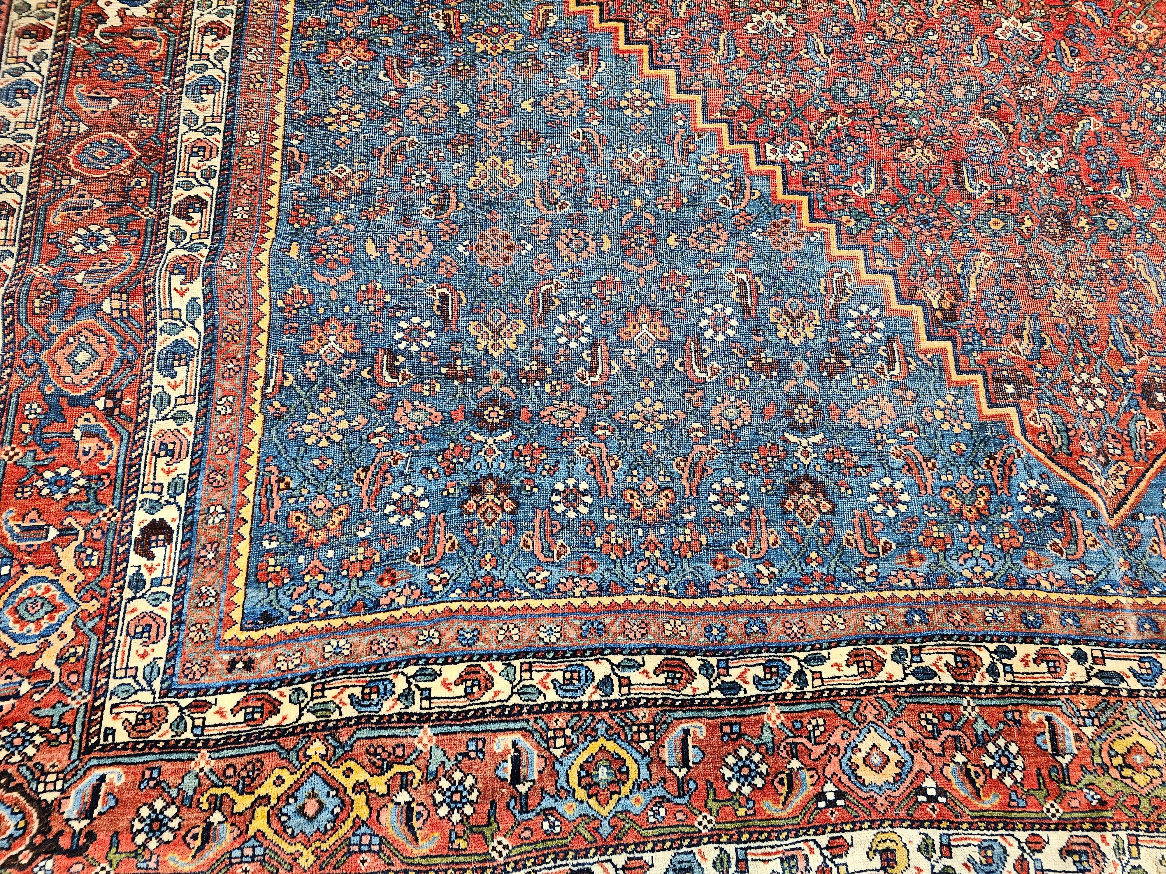 Vintage Persian Bidjar in a Herati Geometric Pattern in French Blue, Red, Ivory For Sale 4