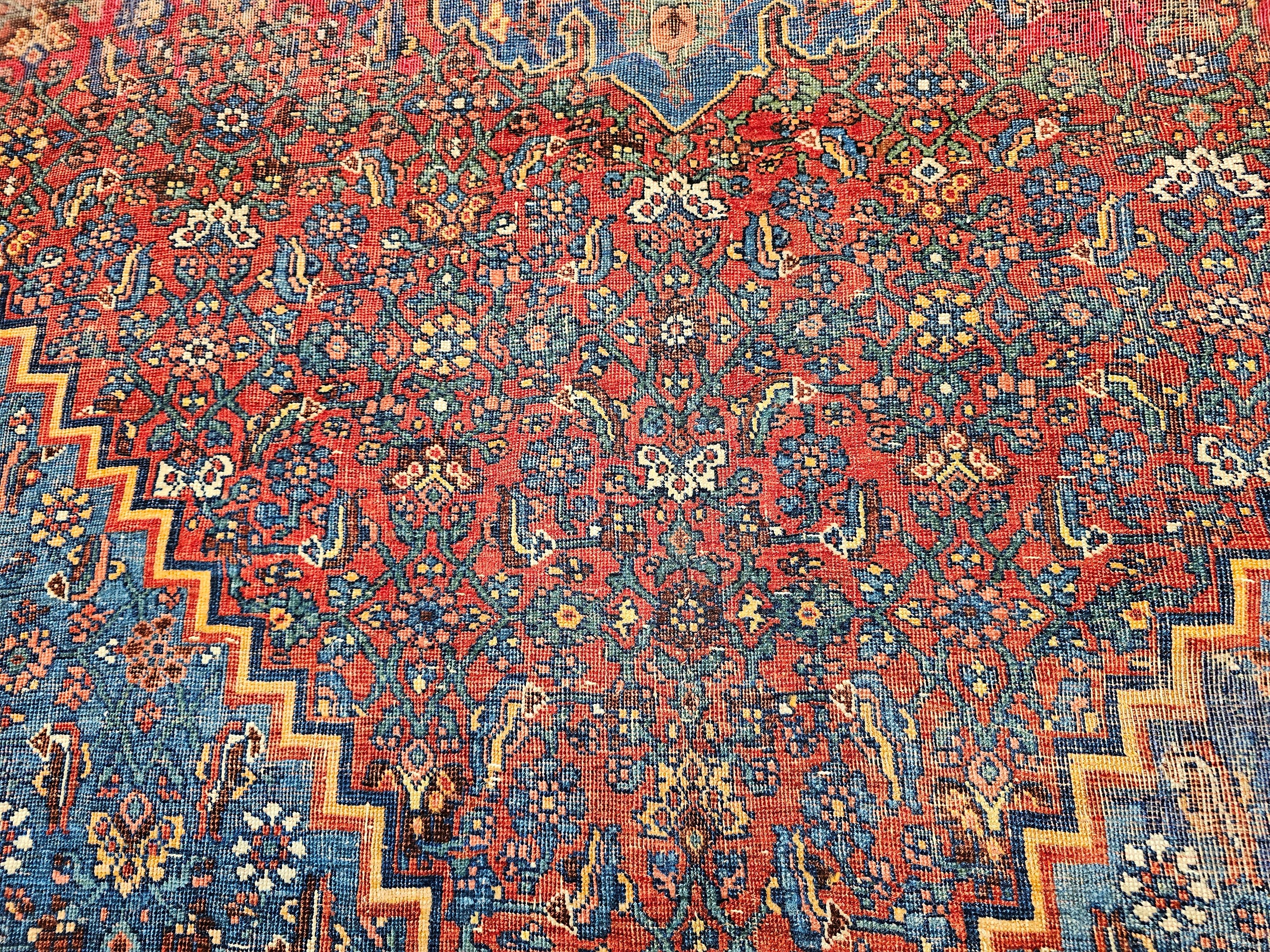 Vintage Persian Bidjar in a Herati Geometric Pattern in French Blue, Red, Ivory For Sale 5